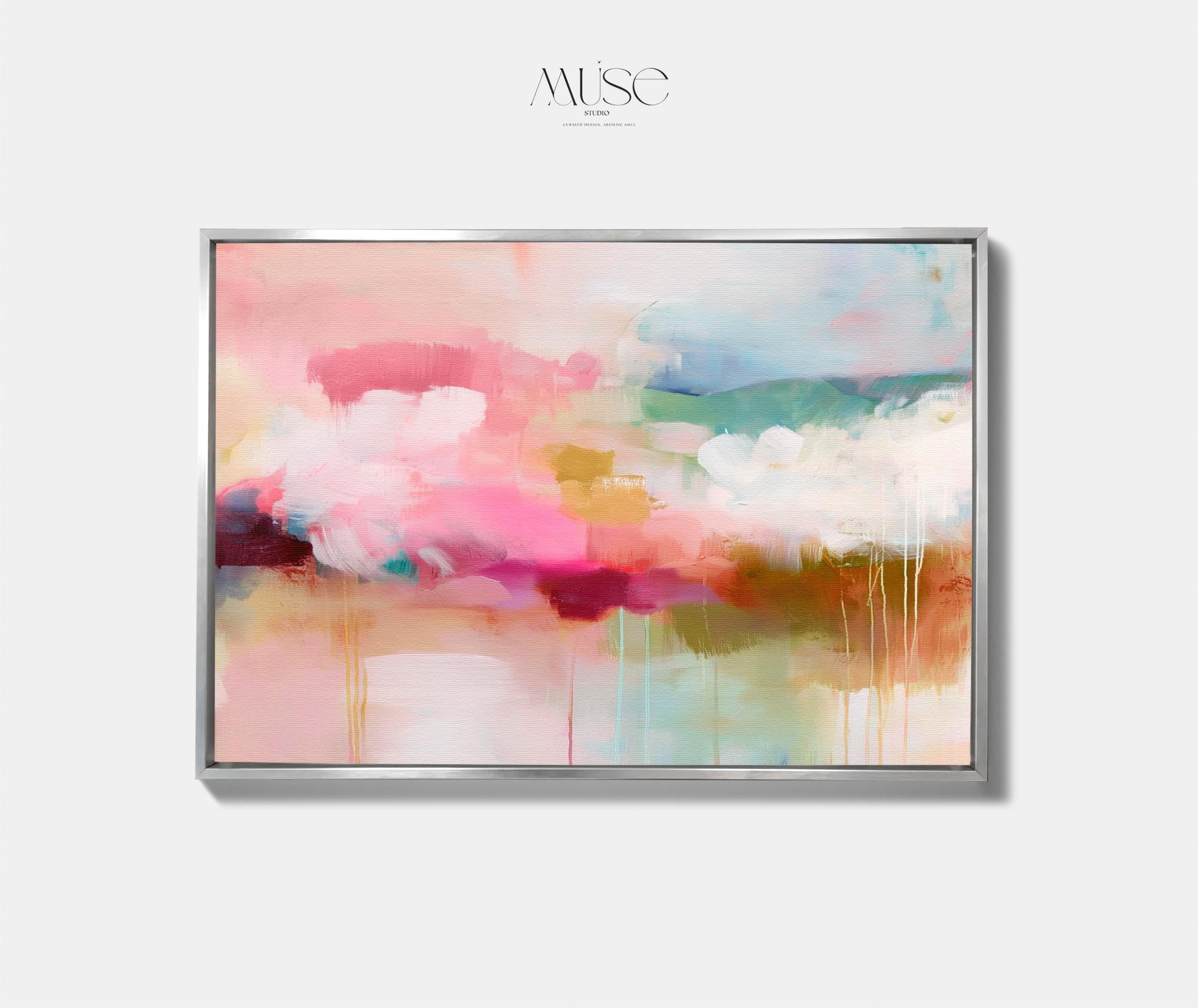 Muse Studio custom framing options include natural, white, black, antique gold, and silver premium wood float frames, each custom made to order to complement canvas wall art with a refined gallery-style finish.