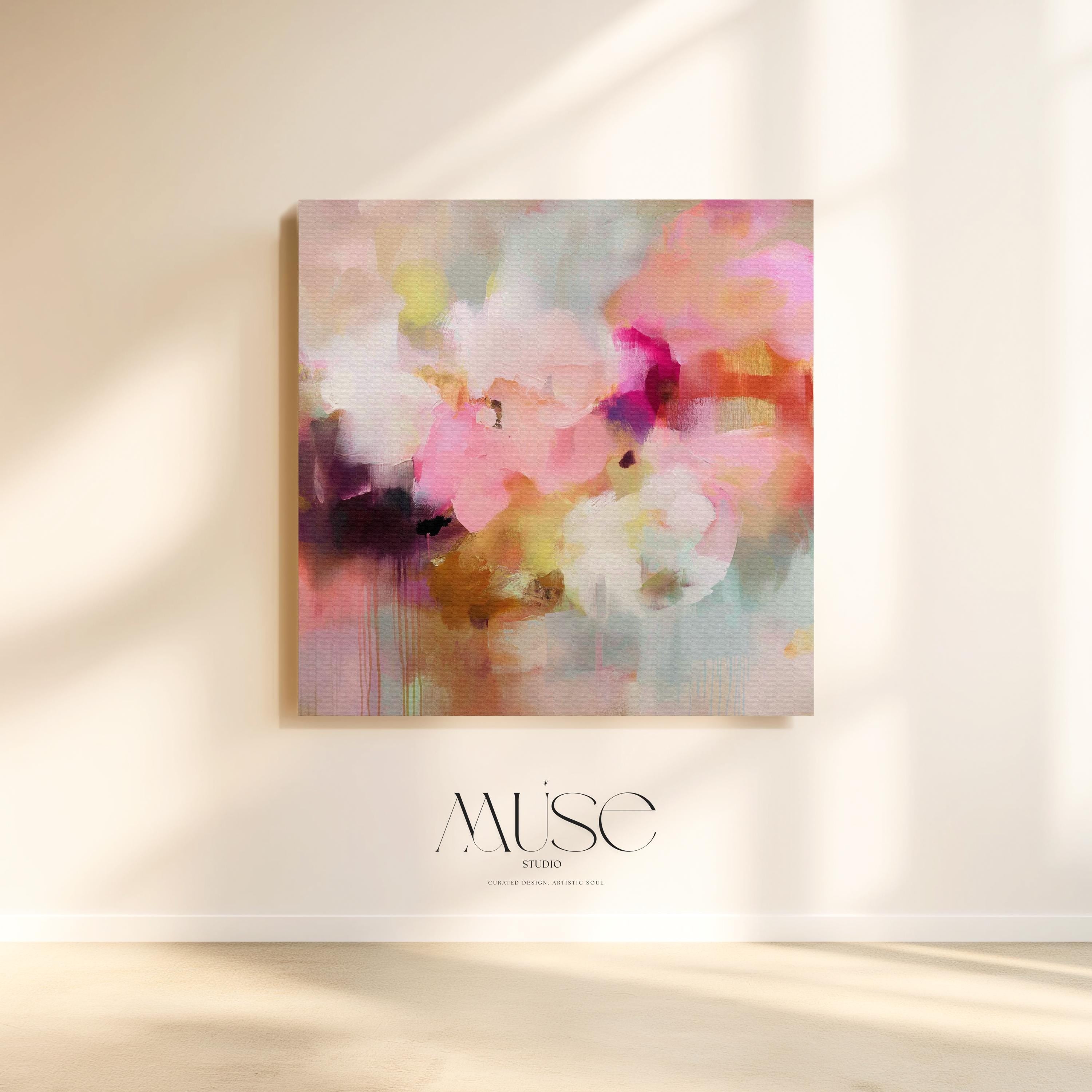 Framed Abstract Landscape Wall Art in Pink Orange and Green, Modern Square Canvas for Living Room or Entryway, Summer Decor Statement 290 Framed Canvas Art Colorful abstract wall art on framed canvas, perfect for bold decor art and modern wall decor. Large statement piece with expressive brushstrokes and rich textures. Ready-to-hang giclée canvas designed to energize living rooms, offices, and curated interiors. Muse Studio Decor Art.