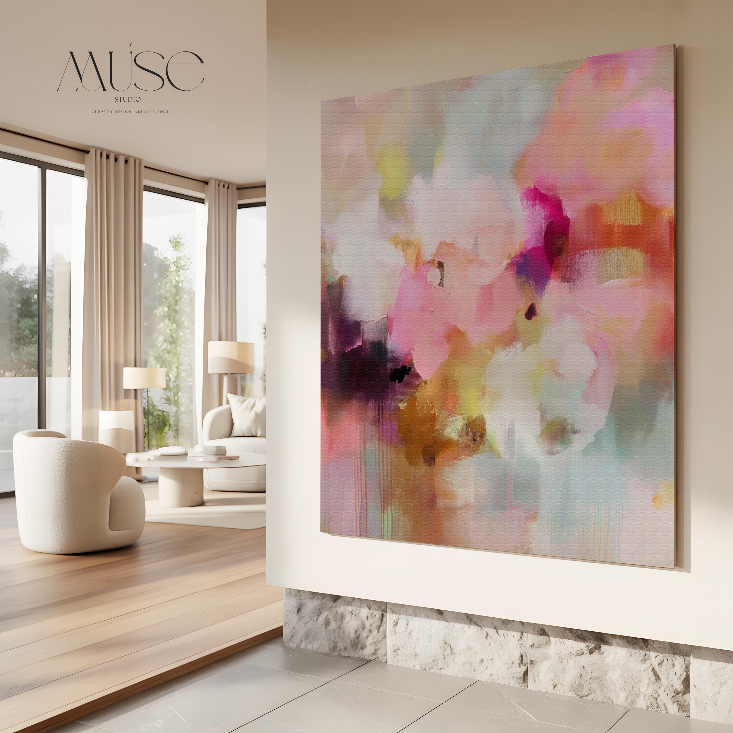 Framed Abstract Landscape Wall Art in Pink Orange and Green, Modern Square Canvas for Living Room or Entryway, Summer Decor Statement 290 Framed Canvas Art Colorful abstract wall art on framed canvas, perfect for bold decor art and modern wall decor. Large statement piece with expressive brushstrokes and rich textures. Ready-to-hang giclée canvas designed to energize living rooms, offices, and curated interiors. Muse Studio Decor Art.