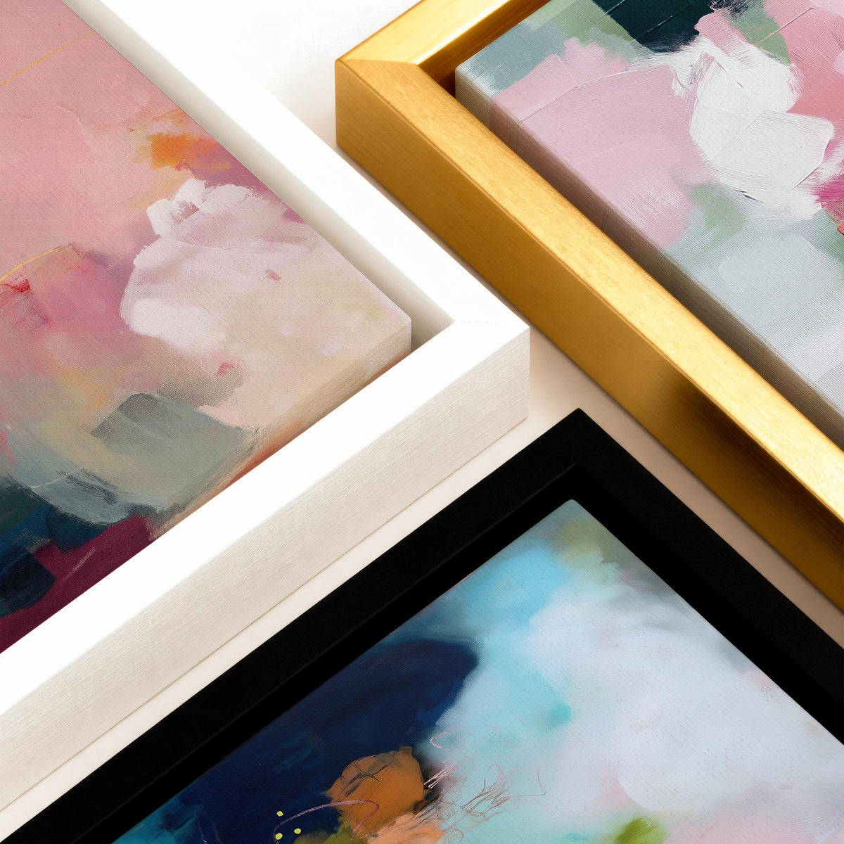 Muse Studio & Co. custom framing options featuring premium wood frames for abstract contemporary art, available in natural, white, black, antique gold, and silver float frame finishes, crafted with quality materials for a refined gallery-style presentation.