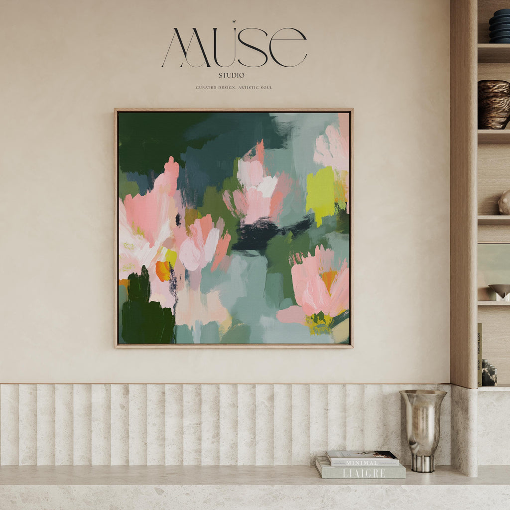 Blossom Grove No. 1039 by Muse Studio & Co. abstract floral canvas wall art in blush pink, sage green, deep forest green, and soft chartreuse, printed with museum-grade giclée inks on premium gallery-wrapped canvas, styled in a serene soft contemporary bedroom.