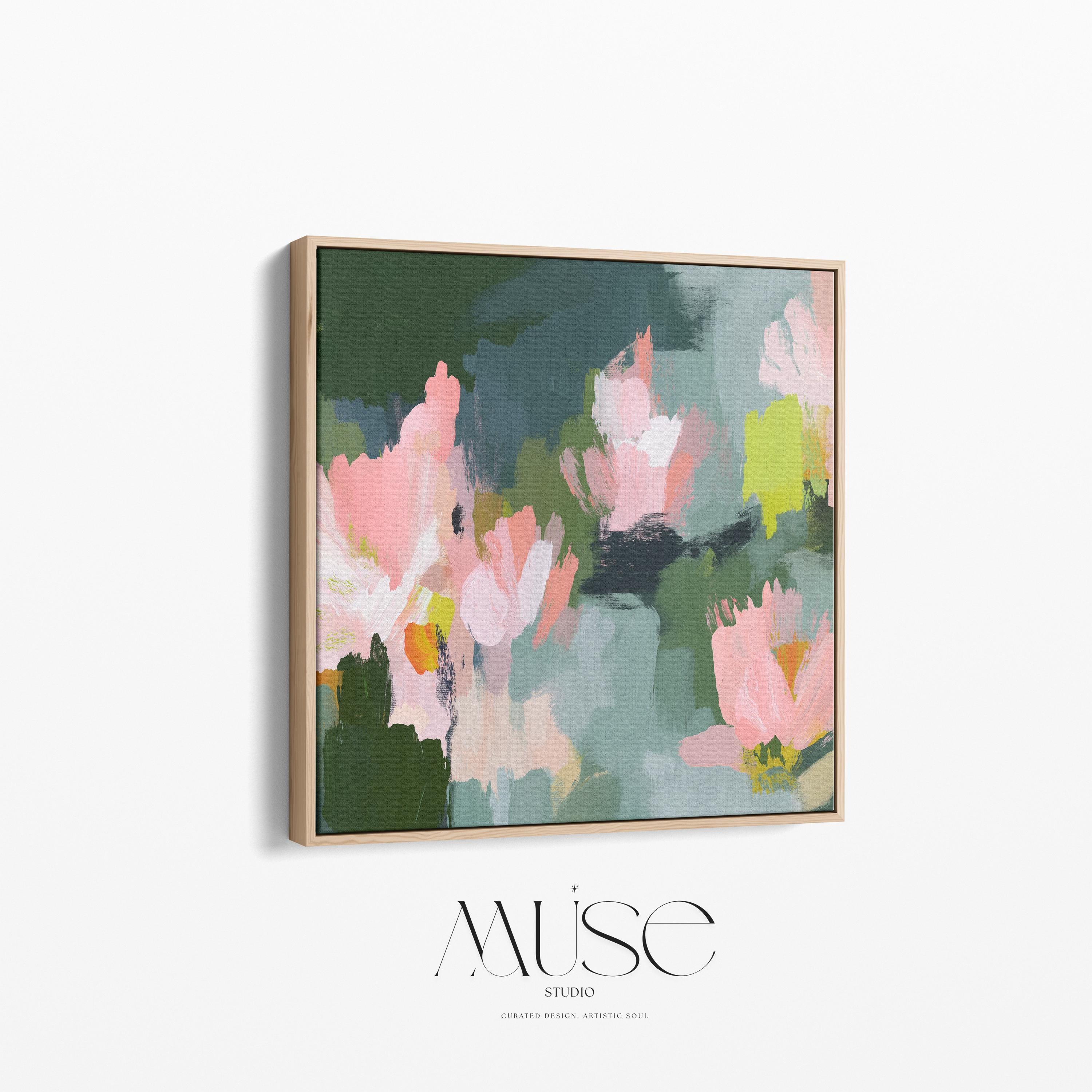 Blossom Grove No. 1039 by Muse Studio & Co. abstract floral canvas wall art in blush pink, sage green, deep forest green, and soft chartreuse, printed with museum-grade giclée inks on premium gallery-wrapped canvas, styled in a serene soft contemporary bedroom.