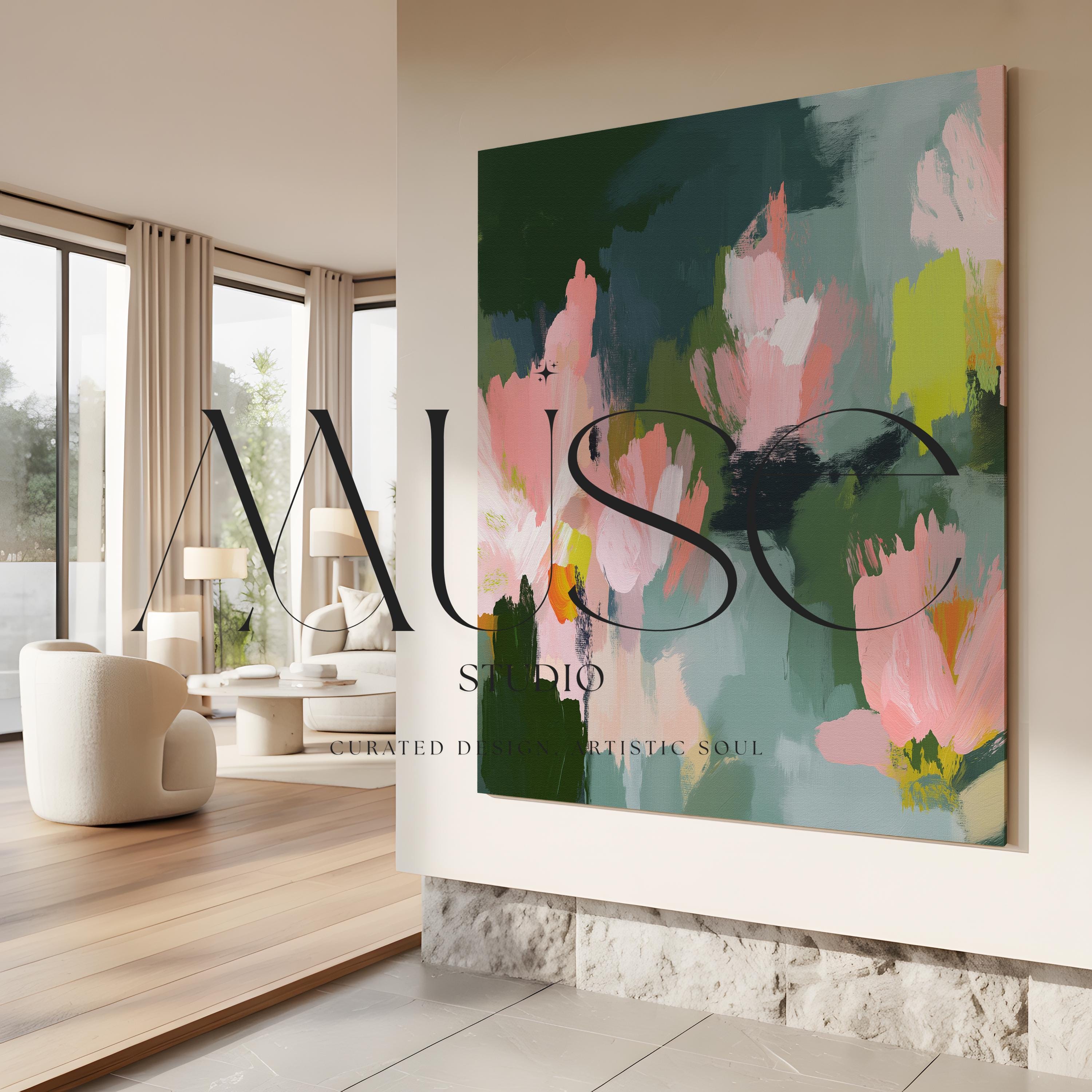 Blossom Grove No. 1039 by Muse Studio & Co. abstract floral canvas wall art in blush pink, sage green, deep forest green, and soft chartreuse, printed with museum-grade giclée inks on premium gallery-wrapped canvas, styled in a serene soft contemporary bedroom.