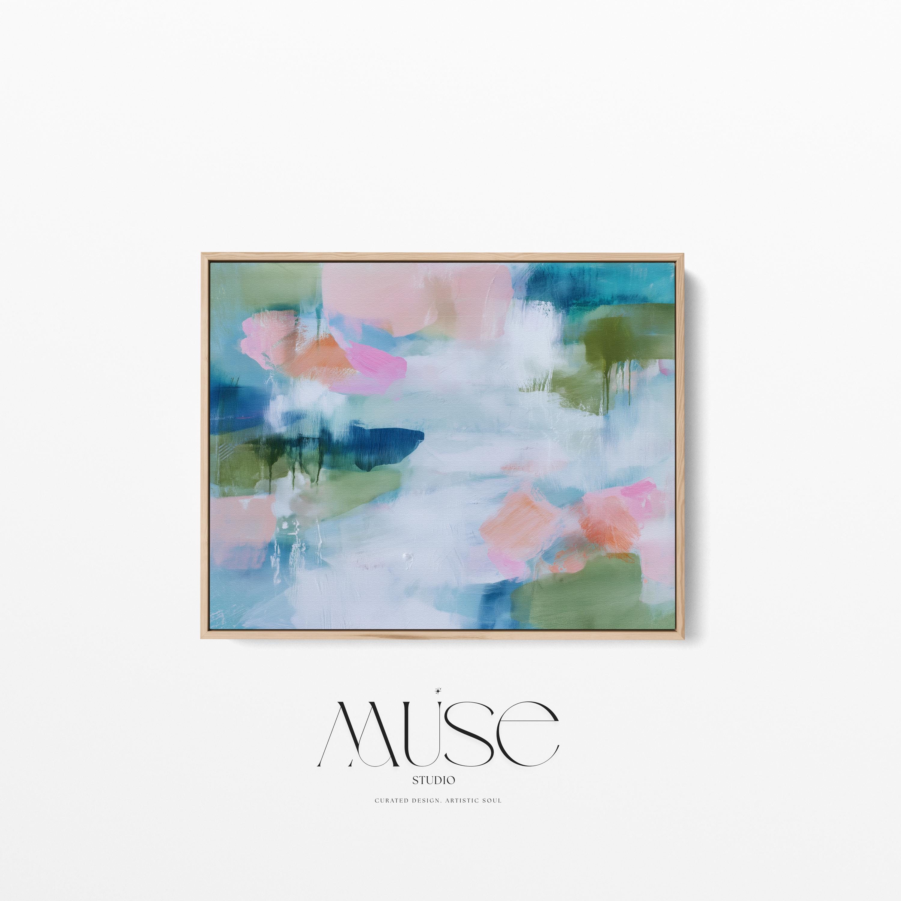 Muse Studio pastel botanical canvas wall art in a blush aqua sage palette, featuring soft pink, airy blue, sage green, and white abstract organic forms, printed with museum-grade giclée inks on premium gallery-wrapped artist canvas for spa decor, bedroom decor, and serene calming interiors.