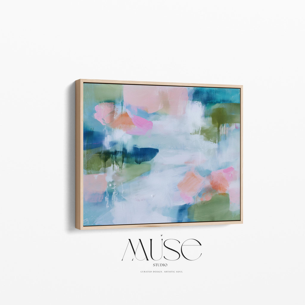 Muse Studio pastel botanical canvas wall art in a blush aqua sage palette, featuring soft pink, airy blue, sage green, and white abstract organic forms, printed with museum-grade giclée inks on premium gallery-wrapped artist canvas for spa decor, bedroom decor, and serene calming interiors.