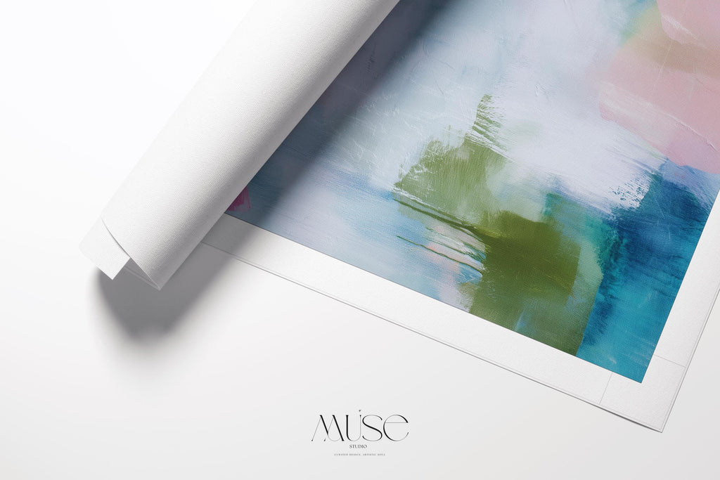 Muse Studio pastel botanical canvas wall art in a blush aqua sage palette, featuring soft pink, airy aqua blue, sage green, olive accents, and white abstract botanical forms, printed with museum-grade giclée inks on premium gallery-wrapped artist canvas for spa decor, bedroom decor, and serene modern interiors.