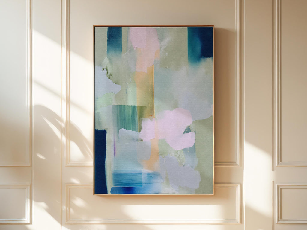 Muse Studio vertical pastel botanical canvas wall art in a blush blue sage palette, featuring soft pink, misty blue, pale sage, and deep navy abstract organic forms, printed with museum-grade giclée inks on premium gallery-wrapped artist canvas for bedroom decor, spa decor, and serene soft contemporary interiors.