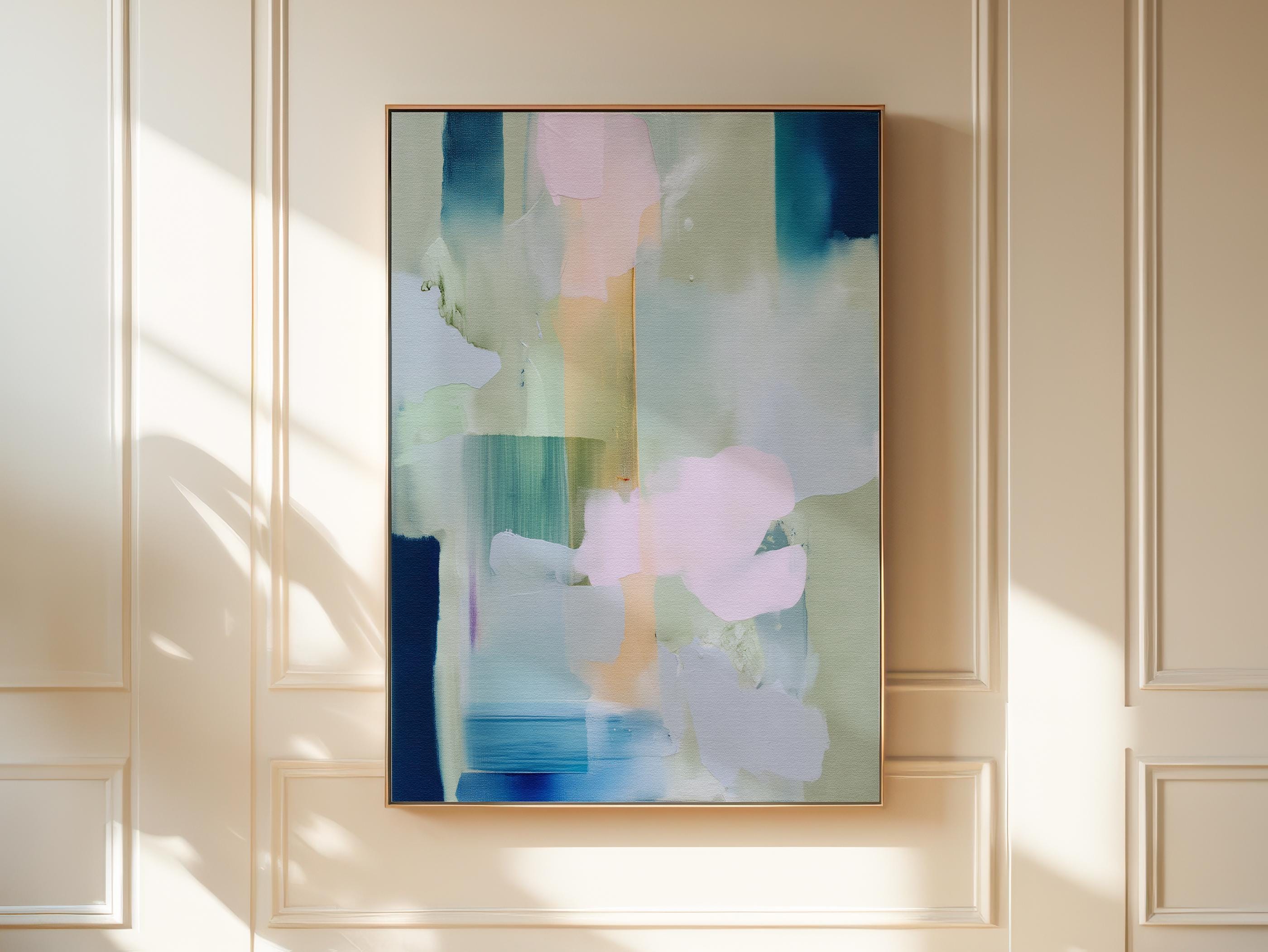 Muse Studio vertical pastel botanical canvas wall art in a blush blue sage palette, featuring soft pink, misty blue, pale sage, and deep navy abstract organic forms, printed with museum-grade giclée inks on premium gallery-wrapped artist canvas for bedroom decor, spa decor, and serene soft contemporary interiors.