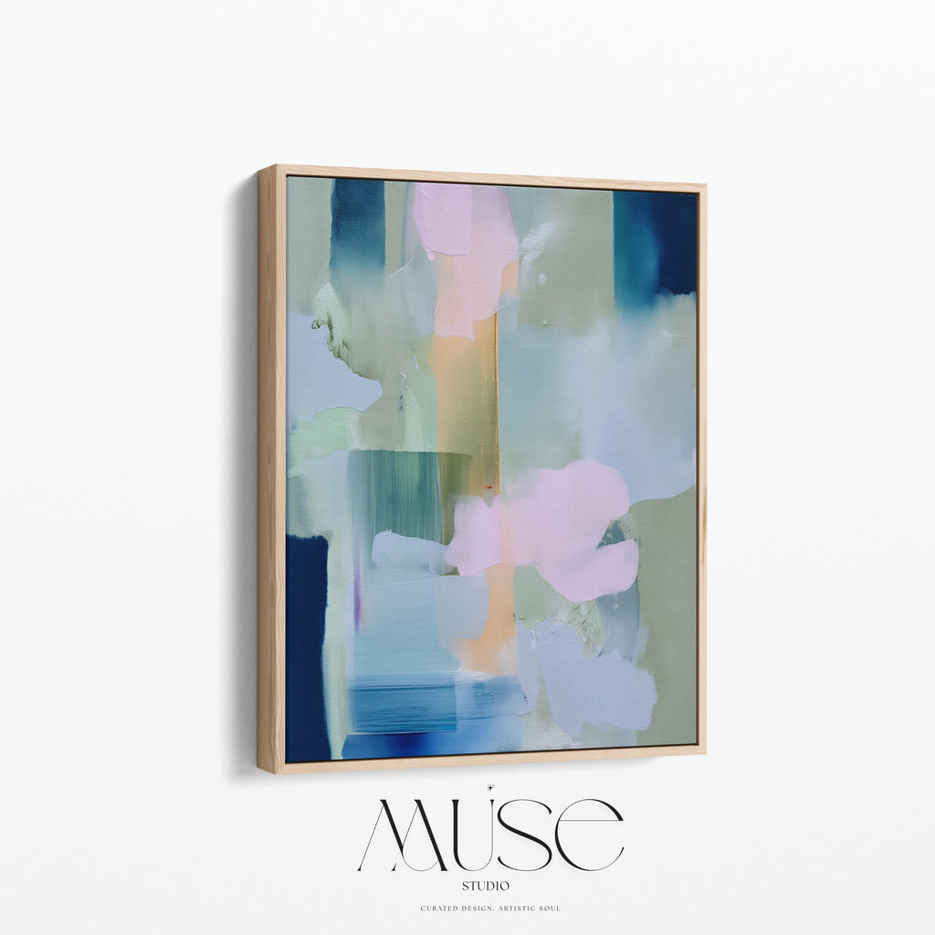 Muse Studio vertical pastel botanical canvas wall art in a blush blue sage palette, featuring soft pink, misty blue, pale sage, and deep navy abstract organic forms, printed with museum-grade giclée inks on premium gallery-wrapped artist canvas for bedroom decor, spa decor, and serene soft contemporary interiors.