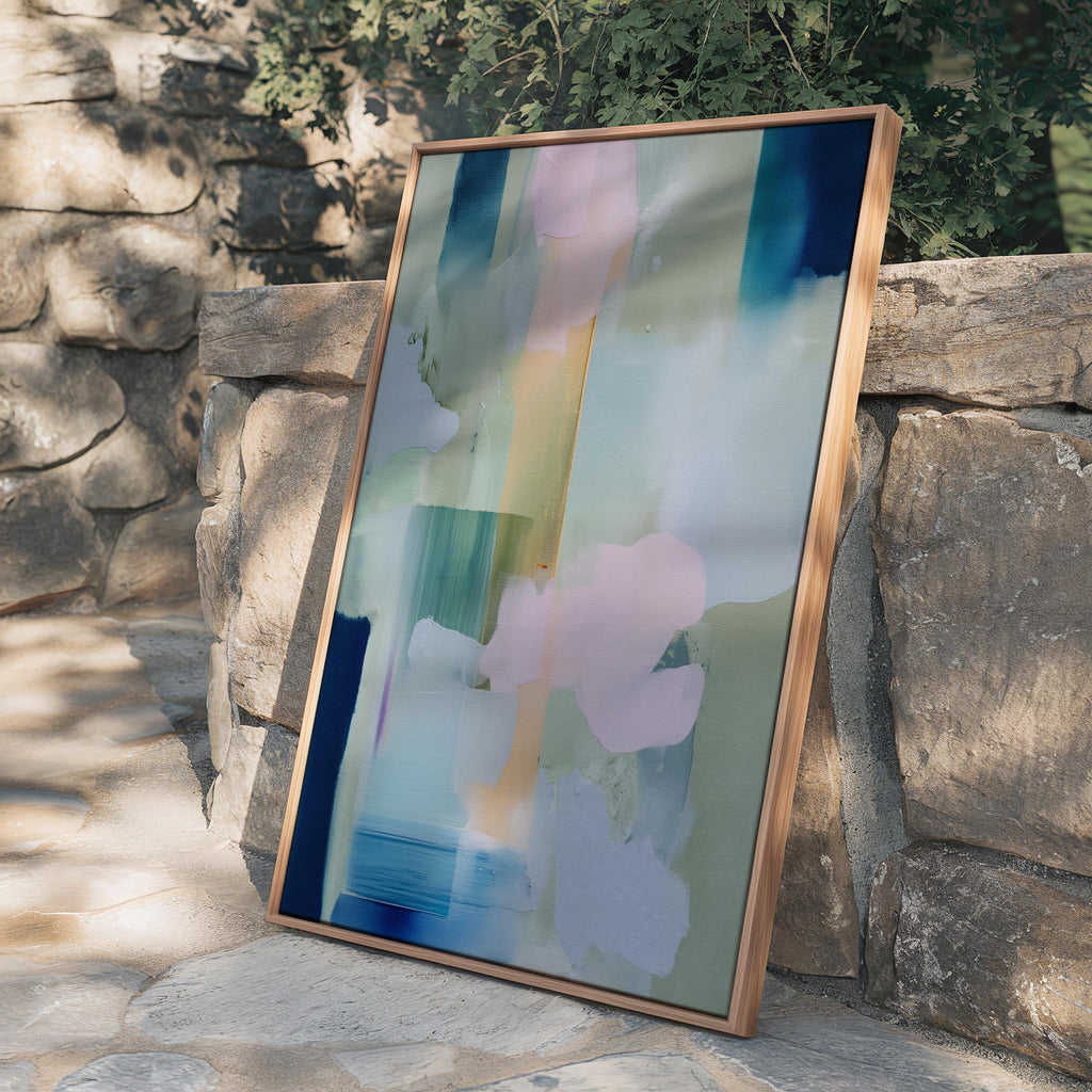 Muse Studio vertical pastel botanical canvas wall art in a blush blue sage palette, featuring soft pink, misty blue, pale sage, and deep navy abstract organic forms, printed with museum-grade giclée inks on premium gallery-wrapped artist canvas for bedroom decor, spa decor, and serene soft contemporary interiors.