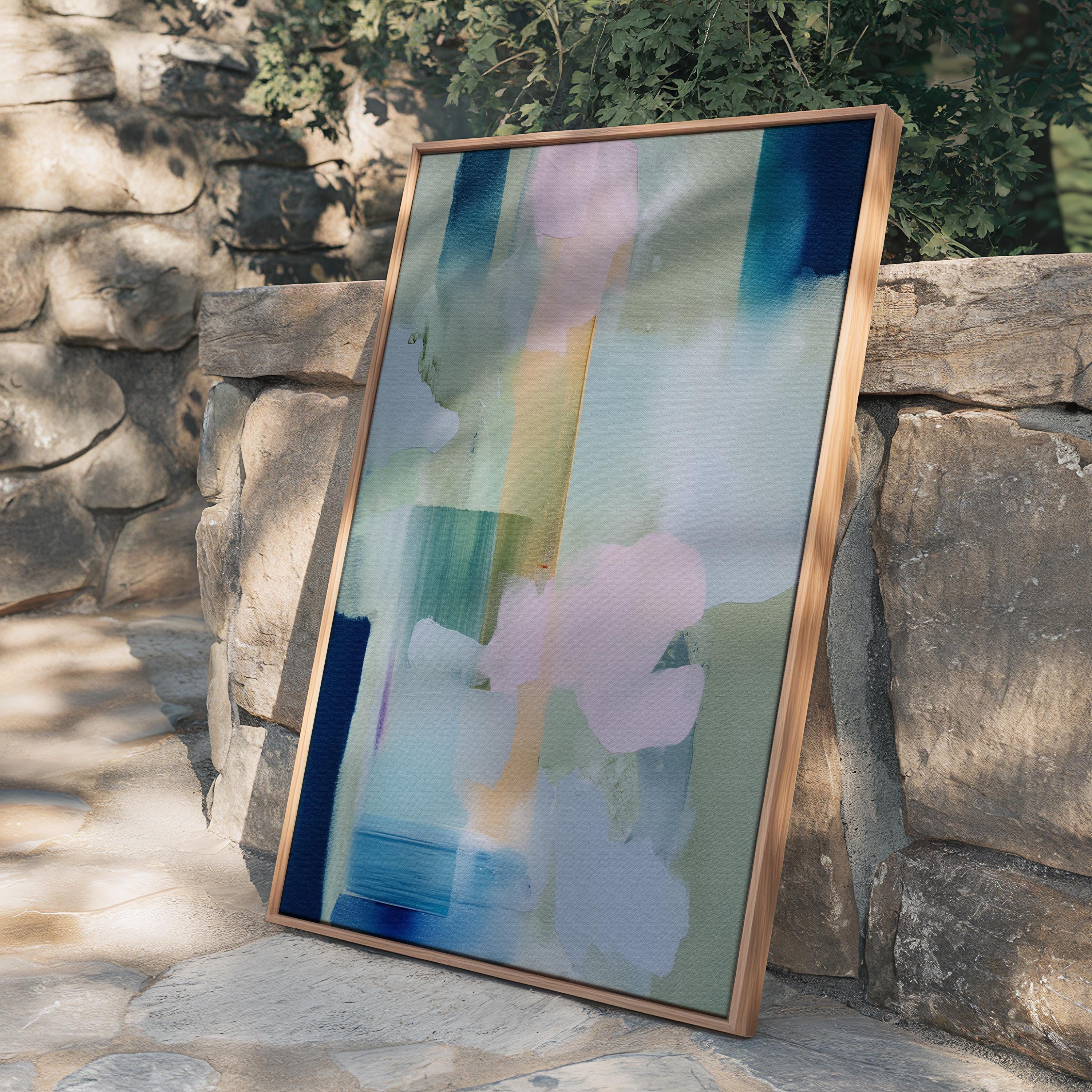 Muse Studio vertical pastel botanical canvas wall art in a blush blue sage palette, featuring soft pink, misty blue, pale sage, and deep navy abstract organic forms, printed with museum-grade giclée inks on premium gallery-wrapped artist canvas for bedroom decor, spa decor, and serene soft contemporary interiors.