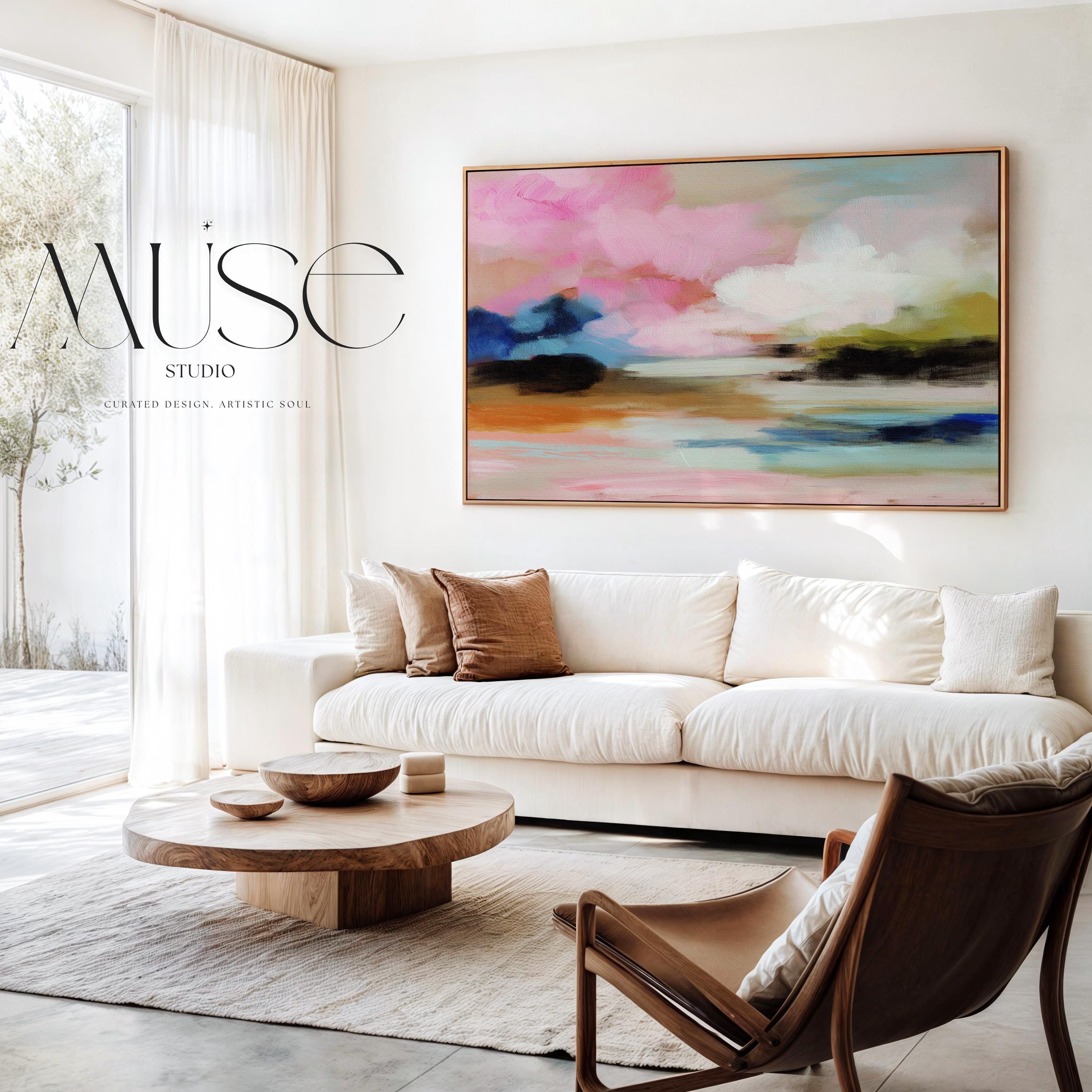 Muse Studio horizontal abstract framed wall art featuring blush pink, soft peach, sky blue, olive green, ivory, and deep navy in a dreamy landscape-inspired composition, available in custom premium wood frame options including natural, white, black, and antique gold and silver float frames, custom made to order for bedroom decor, living room decor, and soft contemporary interiors.