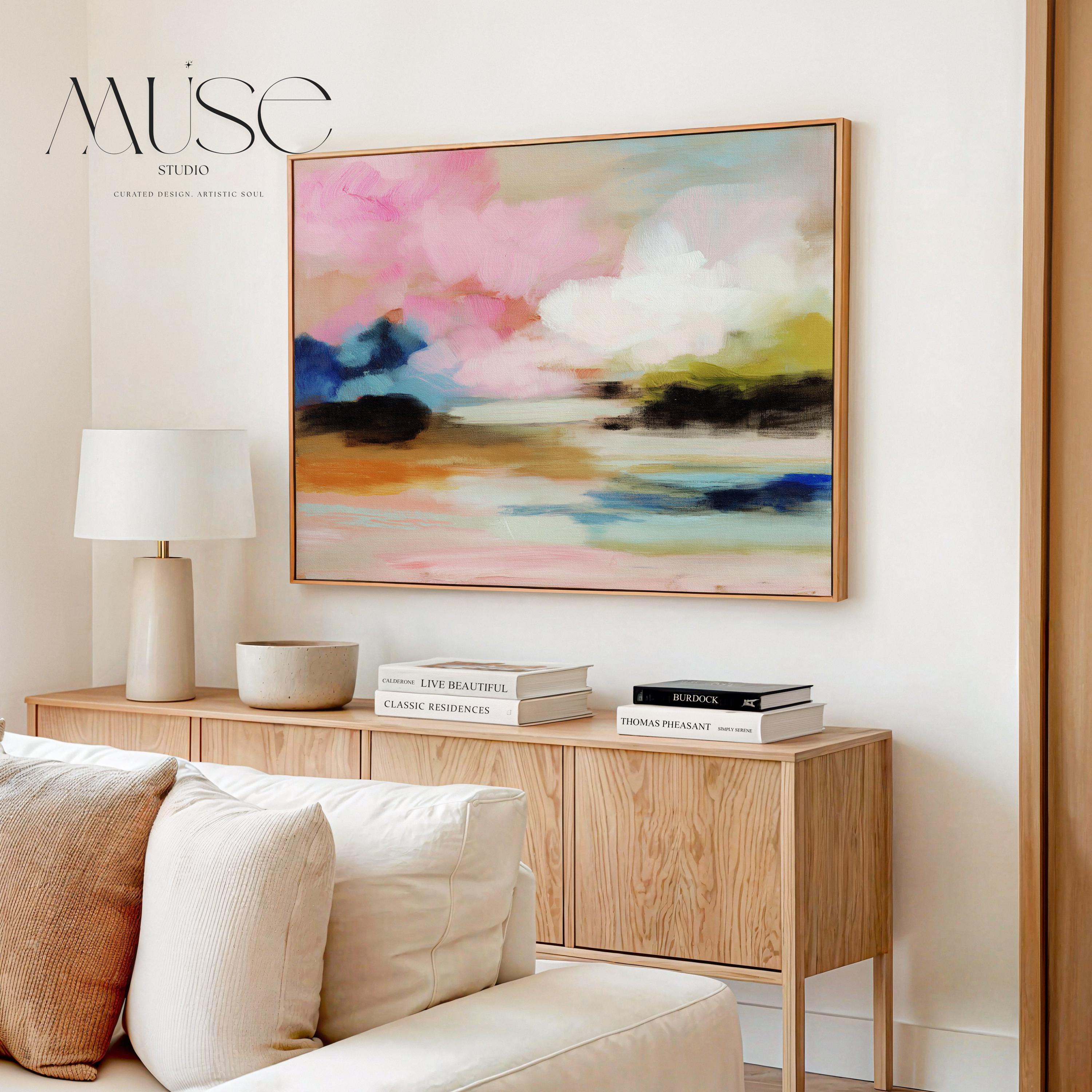 Muse Studio horizontal abstract framed wall art featuring blush pink, soft peach, sky blue, olive green, ivory, and deep navy in a dreamy landscape-inspired composition, available in custom premium wood frame options including natural, white, black, and antique gold and silver float frames, custom made to order for bedroom decor, living room decor, and soft contemporary interiors.