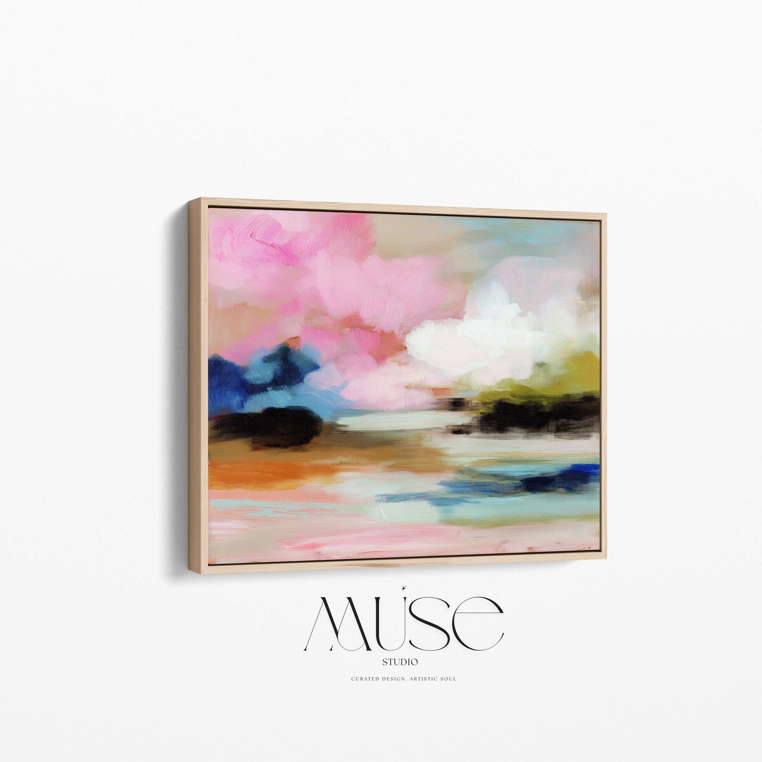 Muse Studio horizontal abstract framed wall art featuring blush pink, soft peach, sky blue, olive green, ivory, and deep navy in a dreamy landscape-inspired composition, available in custom premium wood frame options including natural, white, black, and antique gold and silver float frames, custom made to order for bedroom decor, living room decor, and soft contemporary interiors.