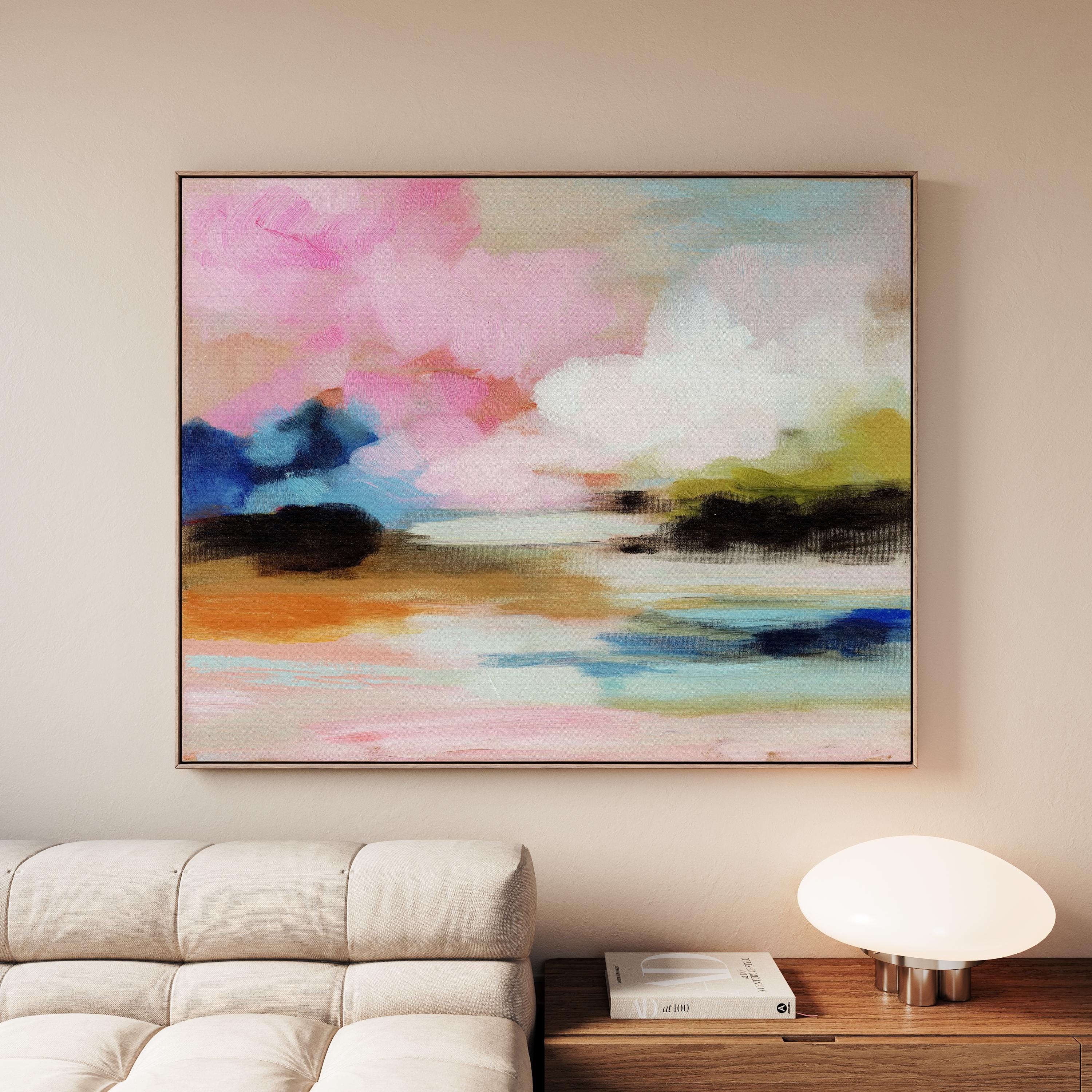 Muse Studio horizontal abstract framed wall art featuring blush pink, soft peach, sky blue, olive green, ivory, and deep navy in a dreamy landscape-inspired composition, available in custom premium wood frame options including natural, white, black, and antique gold and silver float frames, custom made to order for bedroom decor, living room decor, and soft contemporary interiors.