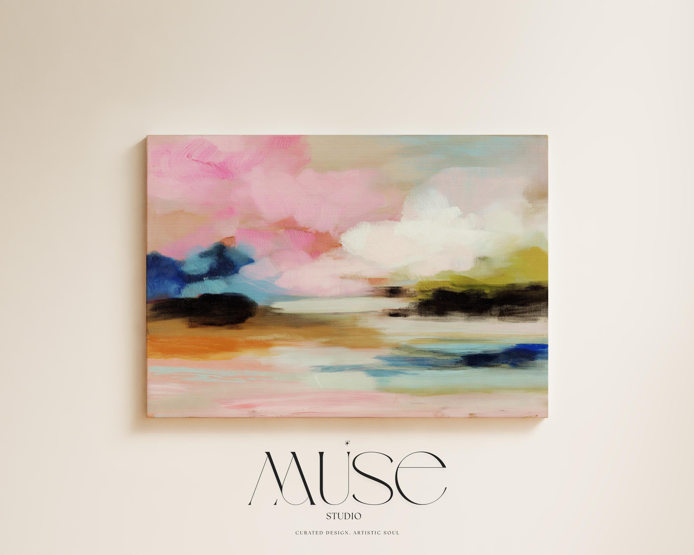 Muse Studio horizontal abstract canvas wall art featuring blush pink, soft peach, sky blue, olive green, ivory, and deep navy in a dreamy landscape-inspired composition, printed with museum-grade giclée inks on premium gallery-wrapped artist canvas for bedroom decor, living room decor, and soft contemporary interiors.