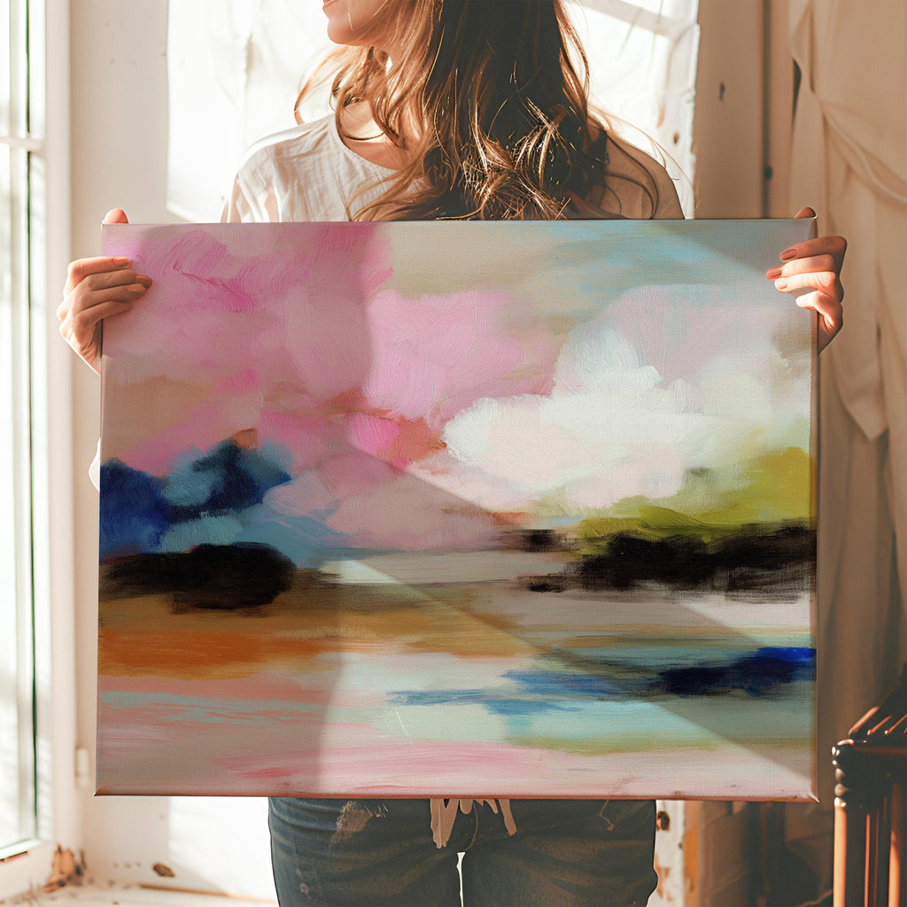 Muse Studio horizontal abstract canvas wall art featuring blush pink, soft peach, sky blue, olive green, ivory, and deep navy in a dreamy landscape-inspired composition, printed with museum-grade giclée inks on premium gallery-wrapped artist canvas for bedroom decor, living room decor, and soft contemporary interiors.