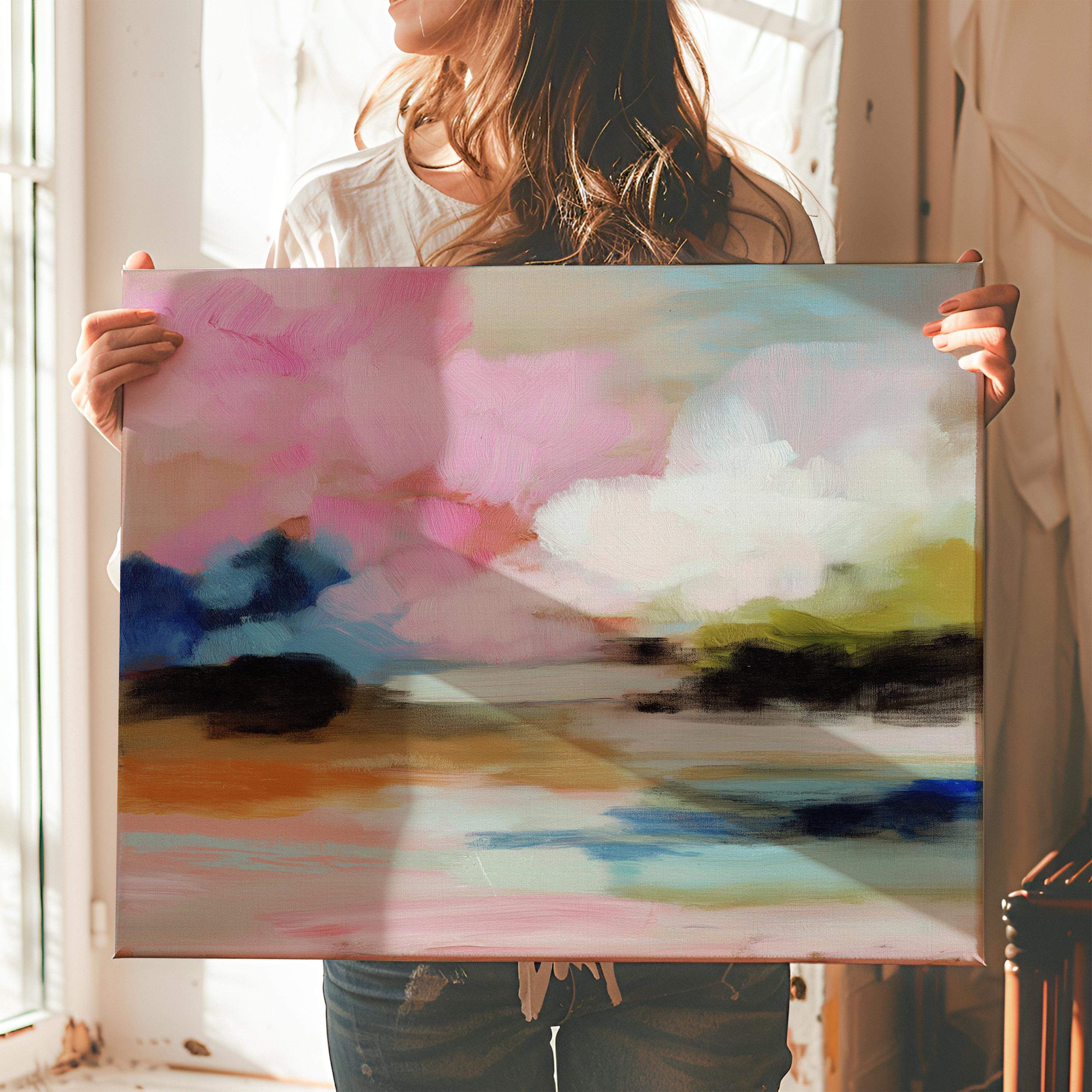 Muse Studio horizontal abstract canvas wall art featuring blush pink, soft peach, sky blue, olive green, ivory, and deep navy in a dreamy landscape-inspired composition, printed with museum-grade giclée inks on premium gallery-wrapped artist canvas for bedroom decor, living room decor, and soft contemporary interiors.