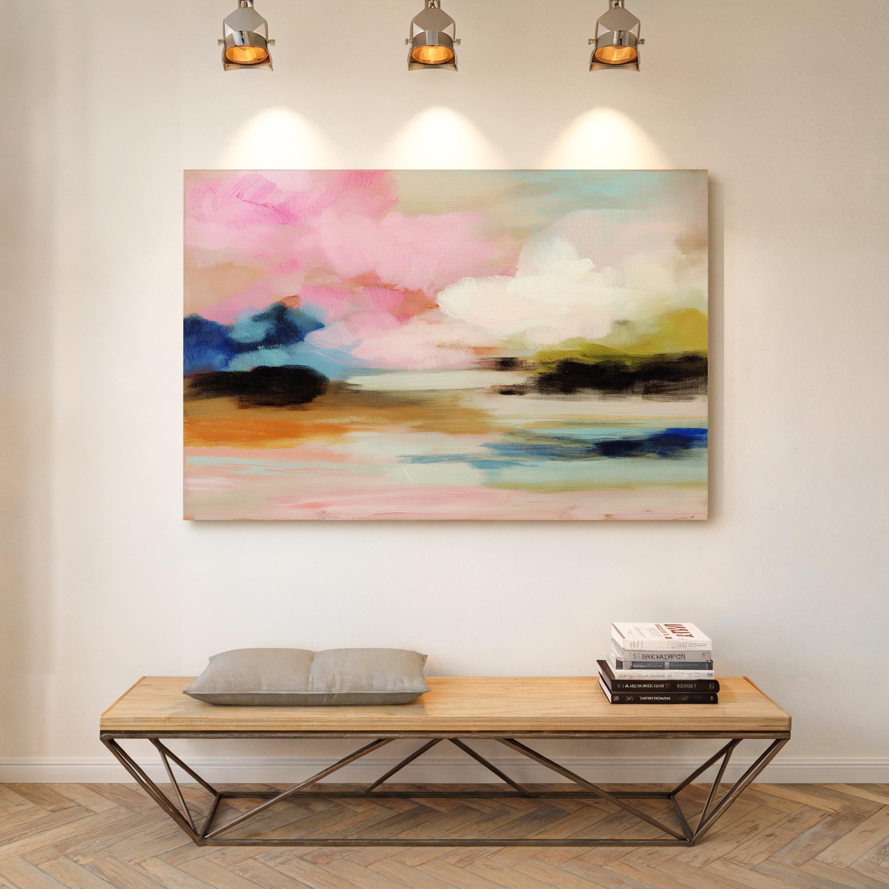 Muse Studio horizontal abstract canvas wall art featuring blush pink, soft peach, sky blue, olive green, ivory, and deep navy in a dreamy landscape-inspired composition, printed with museum-grade giclée inks on premium gallery-wrapped artist canvas for bedroom decor, living room decor, and soft contemporary interiors.