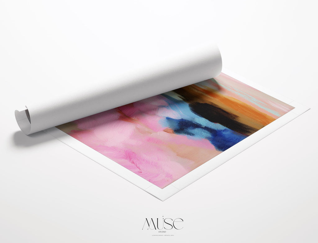 Muse Studio horizontal abstract rolled canvas wall art featuring blush pink, soft peach, sky blue, olive green, ivory, and deep navy in a dreamy landscape-inspired composition, printed with museum-grade giclée inks on premium artist canvas for bedroom decor, living room decor, and soft contemporary interiors.
