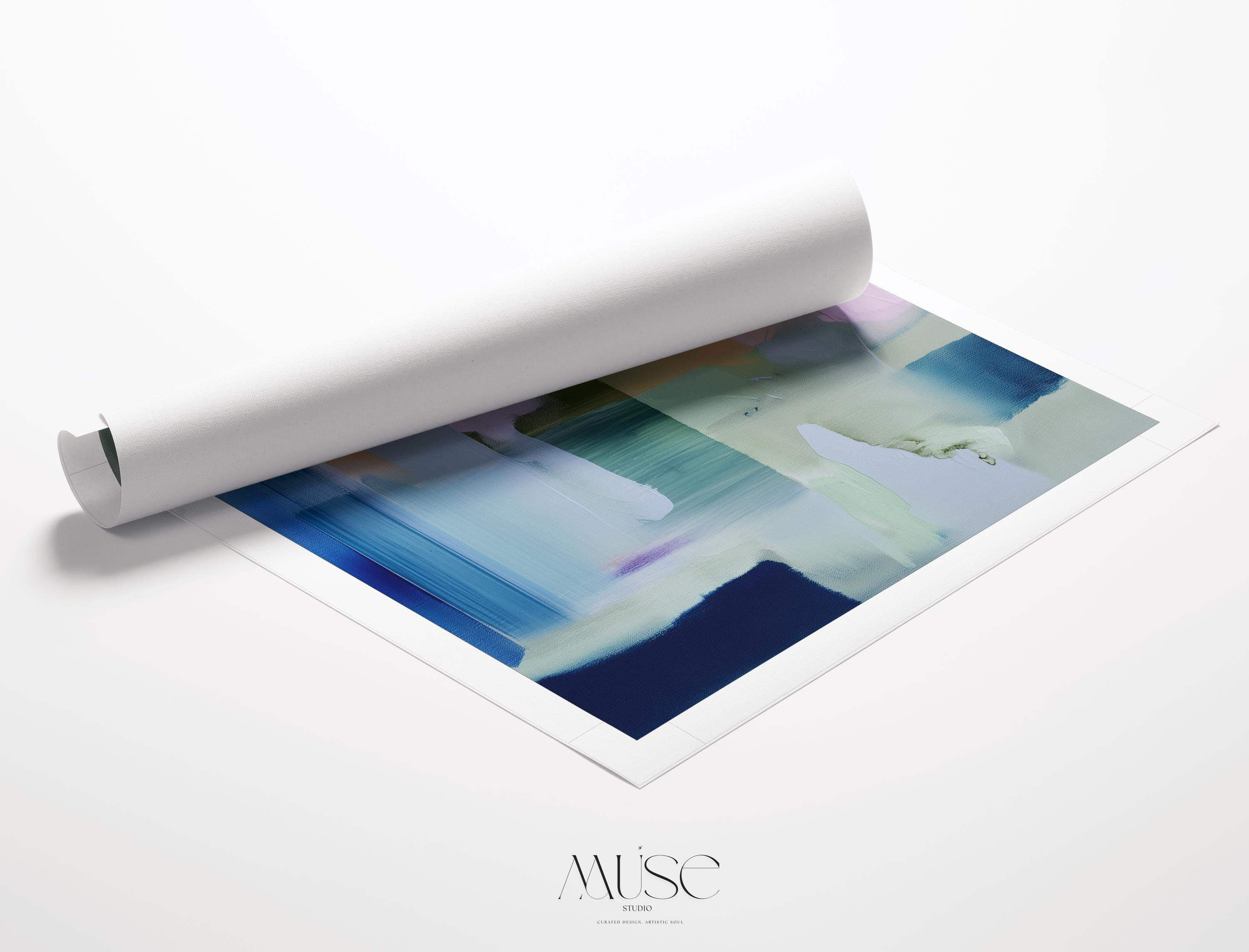 Muse Studio vertical pastel botanical canvas wall art in a blush blue sage palette, available as stretched canvas and rolled canvas, featuring soft pink, misty blue, pale sage, ivory, and deep navy abstract organic forms, printed with museum-grade giclée inks on premium artist canvas for bedroom decor, spa decor, and serene soft contemporary interiors.
