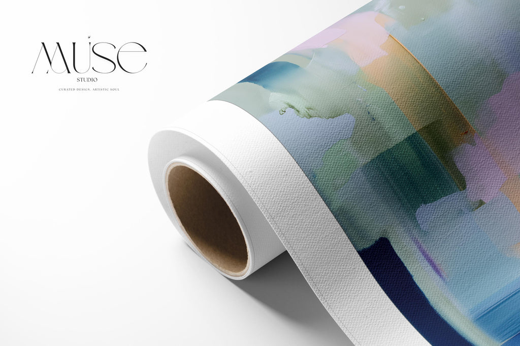 Muse Studio vertical pastel botanical canvas wall art in a blush blue sage palette, available as stretched canvas and rolled canvas, featuring soft pink, misty blue, pale sage, ivory, and deep navy abstract organic forms, printed with museum-grade giclée inks on premium artist canvas for bedroom decor, spa decor, and serene soft contemporary interiors.