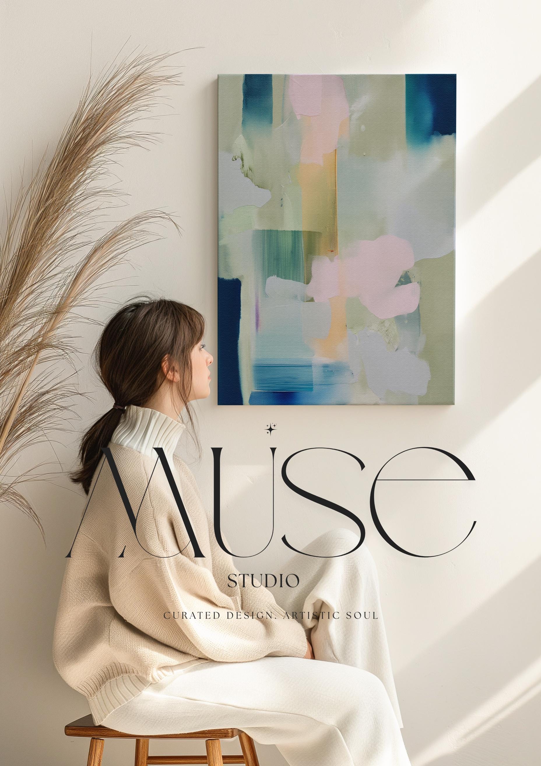 Muse Studio vertical pastel botanical canvas wall art in a blush blue sage palette, available as stretched canvas and rolled canvas, featuring soft pink, misty blue, pale sage, ivory, and deep navy abstract organic forms, printed with museum-grade giclée inks on premium artist canvas for bedroom decor, spa decor, and serene soft contemporary interiors.