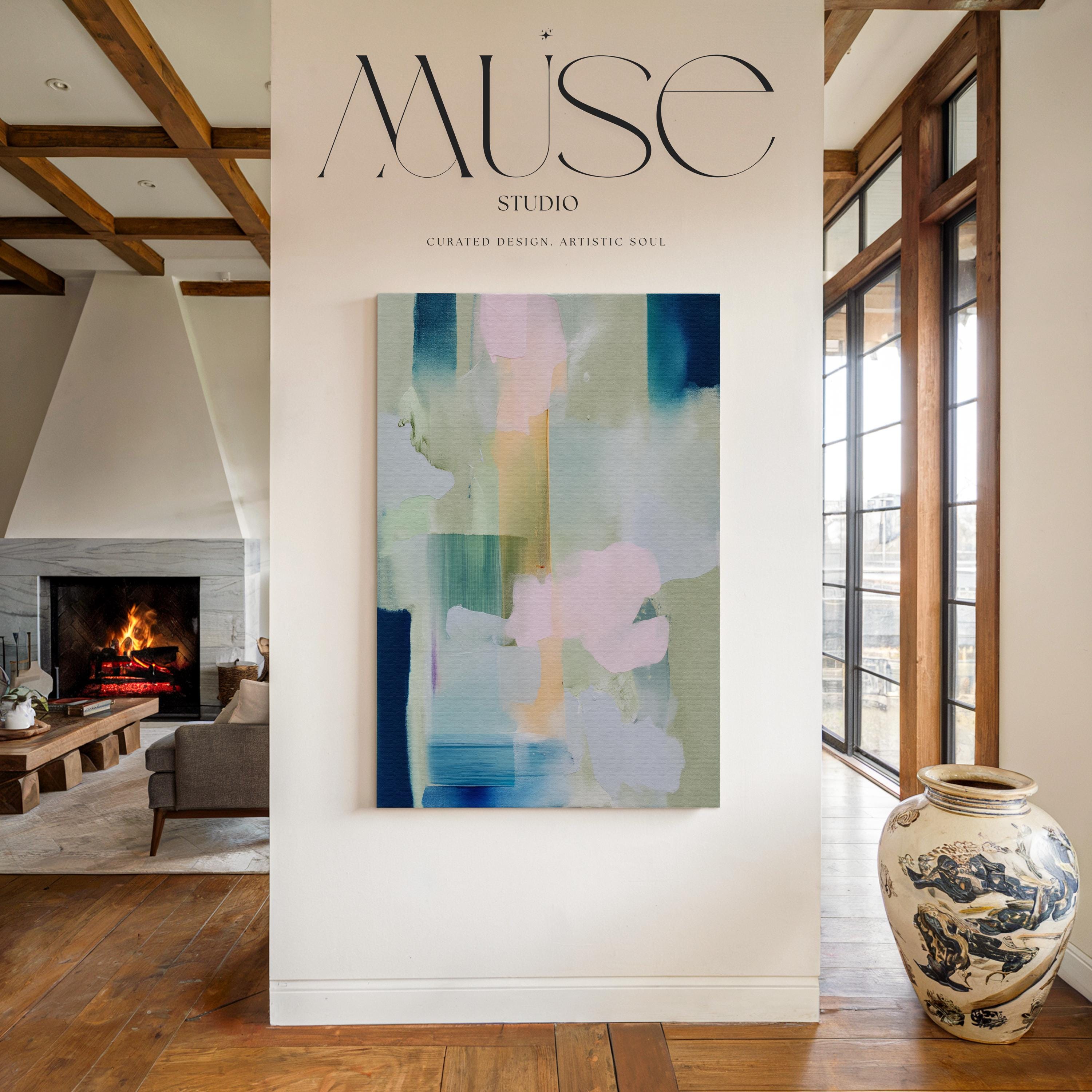 Muse Studio vertical pastel botanical canvas wall art in a blush blue sage palette, available as stretched canvas and rolled canvas, featuring soft pink, misty blue, pale sage, ivory, and deep navy abstract organic forms, printed with museum-grade giclée inks on premium artist canvas for bedroom decor, spa decor, and serene soft contemporary interiors.