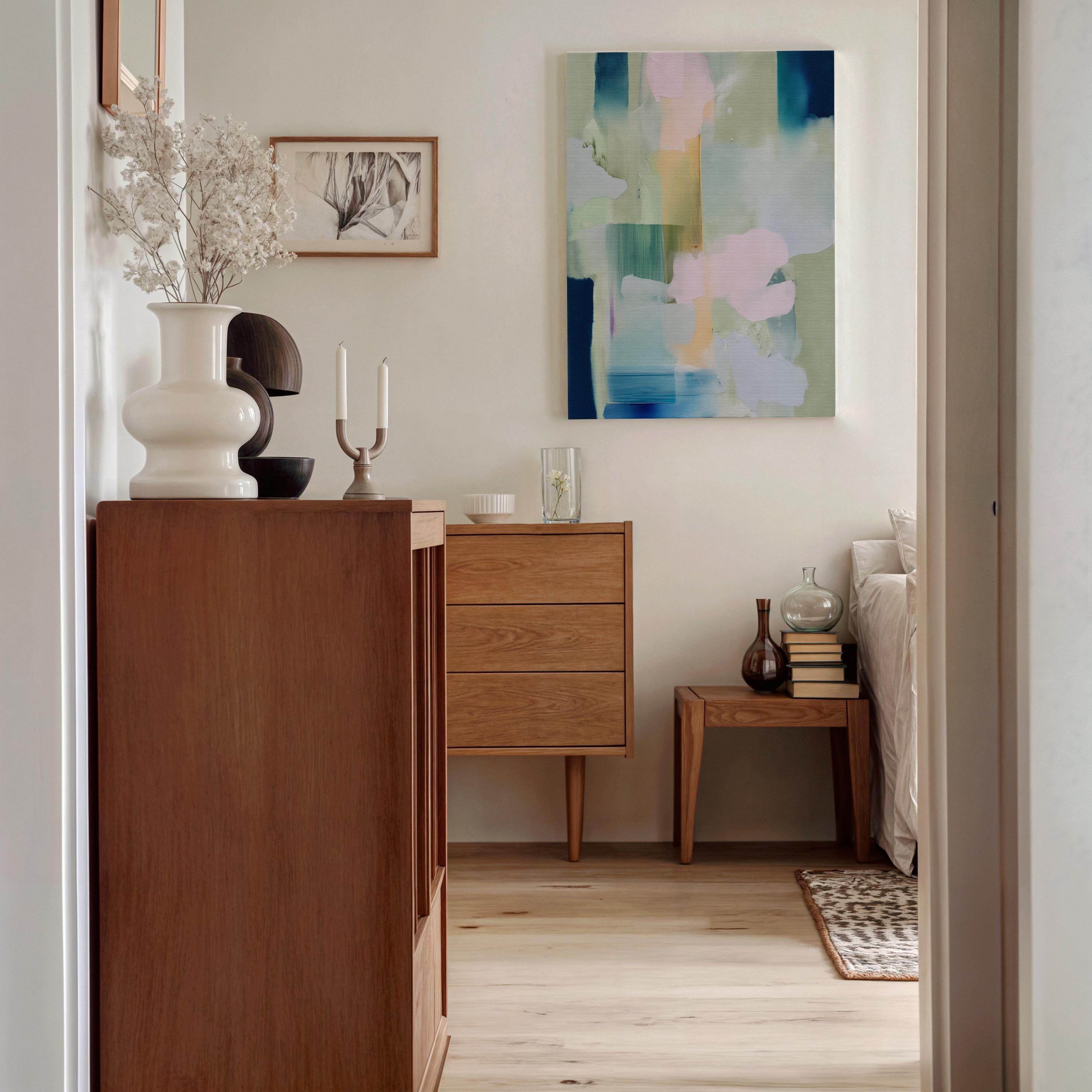 Muse Studio vertical pastel botanical canvas wall art in a blush blue sage palette, available as stretched canvas and rolled canvas, featuring soft pink, misty blue, pale sage, ivory, and deep navy abstract organic forms, printed with museum-grade giclée inks on premium artist canvas for bedroom decor, spa decor, and serene soft contemporary interiors.