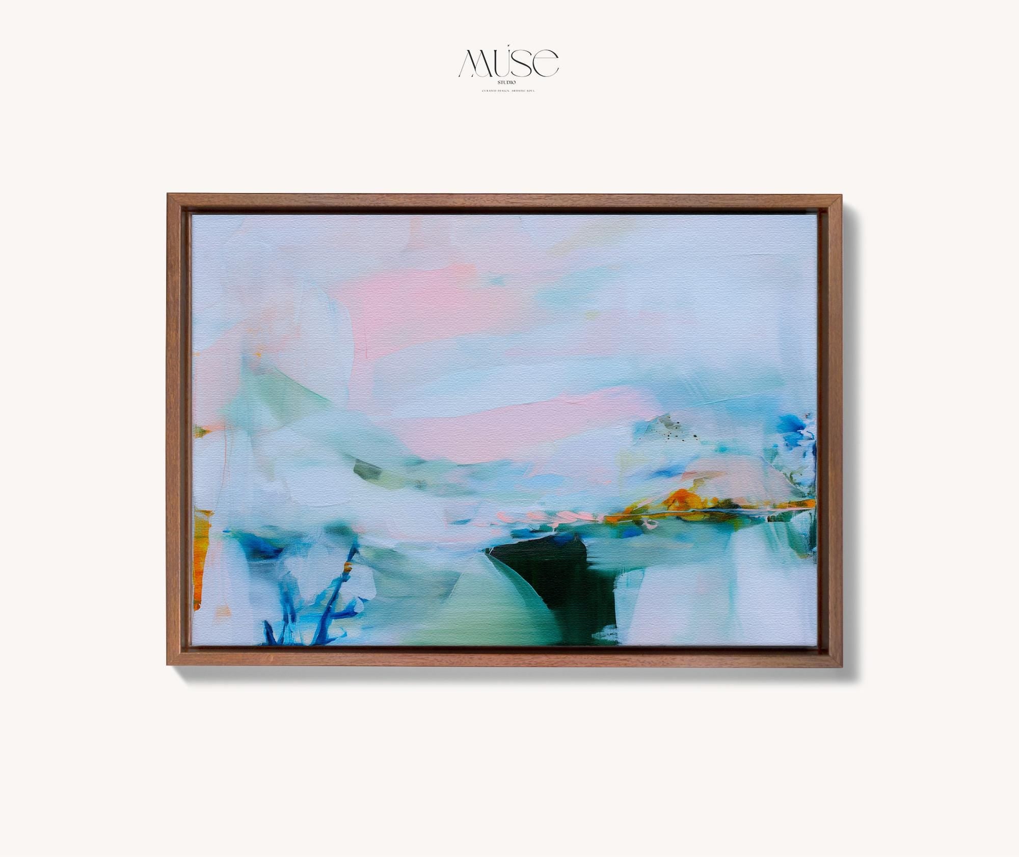 Framed abstract wall art by Muse Studio featuring lilac pink, blue, and soft green tones in a horizontal pastel composition, printed with museum-grade giclée inks on premium canvas, styled for living room or bedroom decor