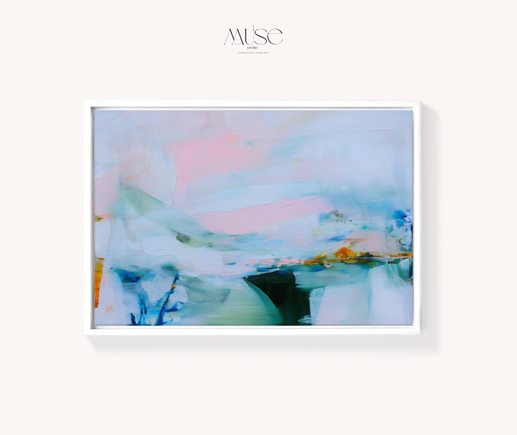 Framed abstract wall art by Muse Studio featuring lilac pink, blue, and soft green tones in a horizontal pastel composition, printed with museum-grade giclée inks on premium canvas, styled for living room or bedroom decor
