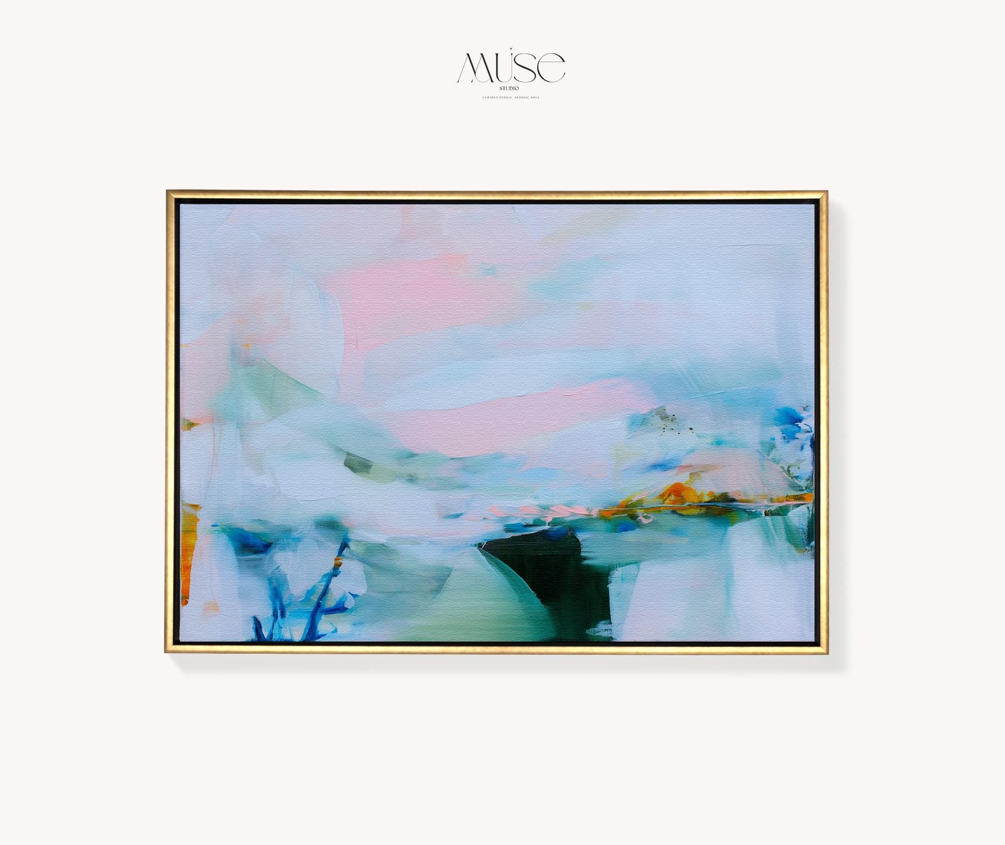 Framed abstract wall art by Muse Studio featuring lilac pink, blue, and soft green tones in a horizontal pastel composition, printed with museum-grade giclée inks on premium canvas, styled for living room or bedroom decor
