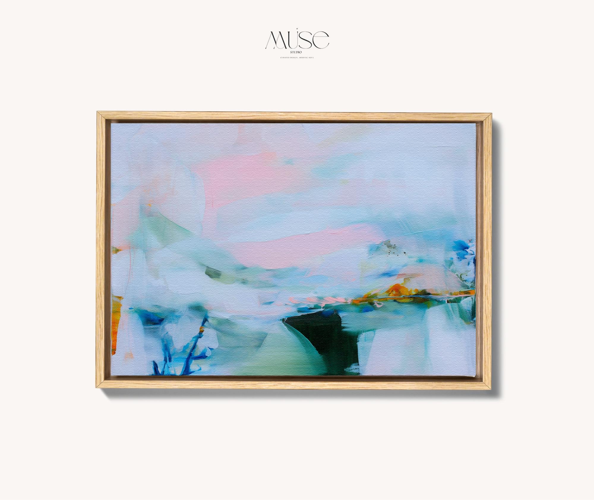 Framed abstract wall art by Muse Studio featuring lilac pink, blue, and soft green tones in a horizontal pastel composition, printed with museum-grade giclée inks on premium canvas, styled for living room or bedroom decor