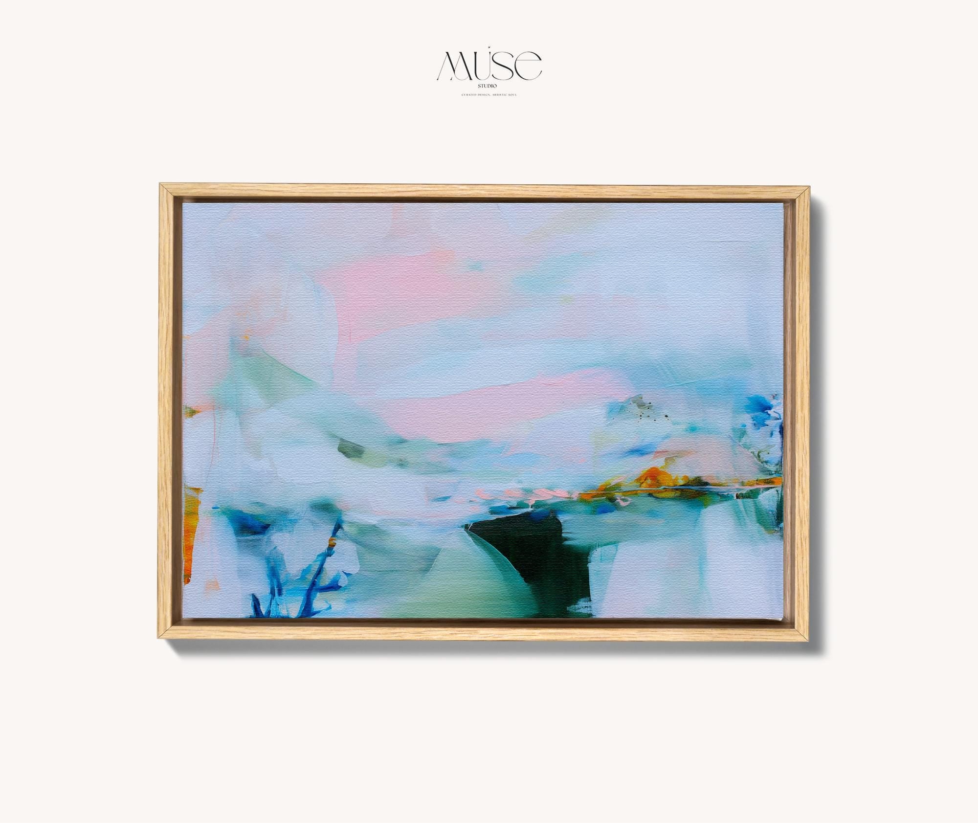 Framed abstract wall art by Muse Studio featuring lilac pink, blue, and soft green tones in a horizontal pastel composition, printed with museum-grade giclée inks on premium canvas, styled for living room or bedroom decor