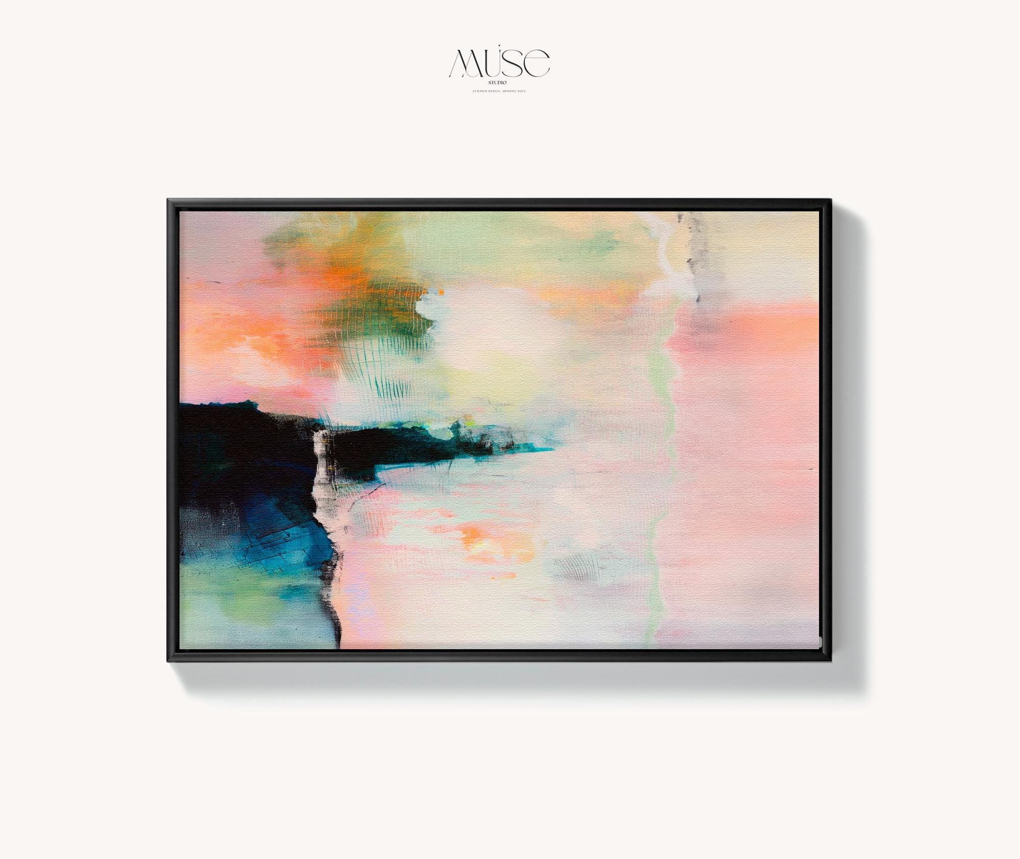 Large Abstract Framed Canvas Wall Art • Peach Blush Teal Pastel Painting for Living Room • Summer Veil No. 308 by Muse Studio & Co.