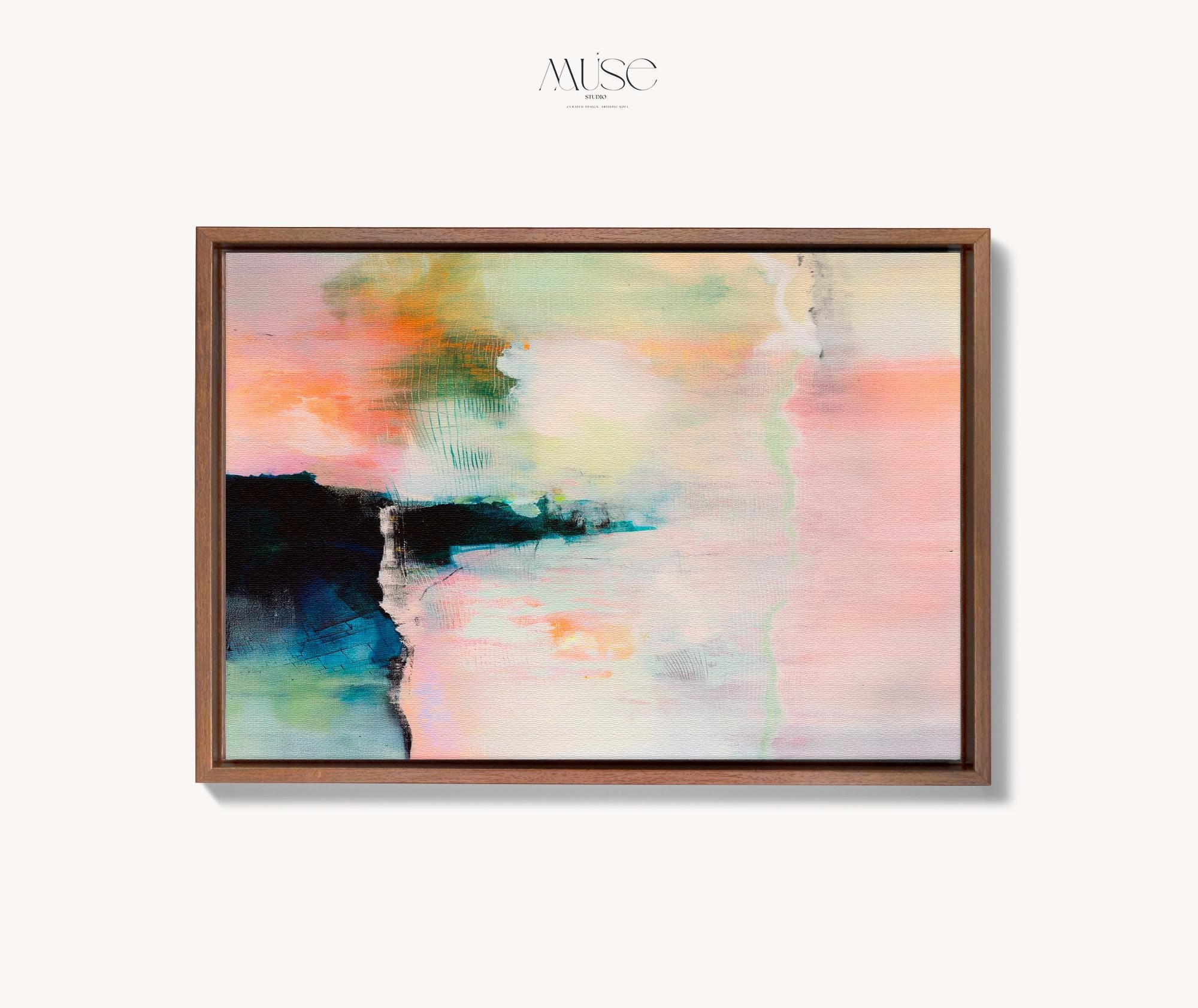 Large Abstract Framed Canvas Wall Art • Peach Blush Teal Pastel Painting for Living Room • Summer Veil No. 308 by Muse Studio & Co.