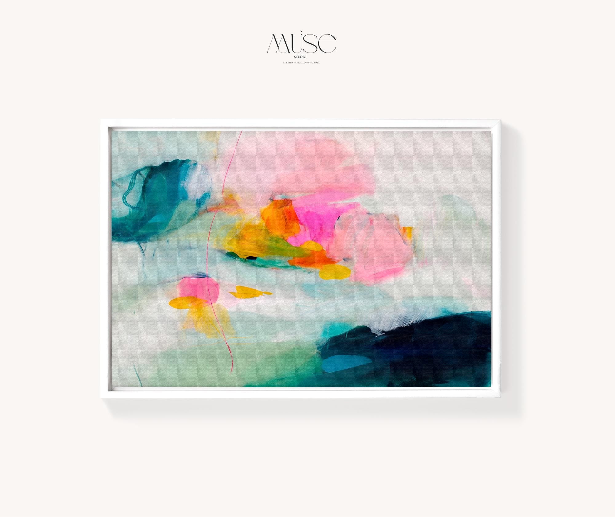 Poppy Fields No. 454 by Muse Studio & Co. horizontal colorful abstract wall art in pink, teal, yellow, and cream printed with museum-grade giclée inks on premium canvas, custom framed in natural, white, black, antique gold or silver float frame, styled in a bright designer living room.