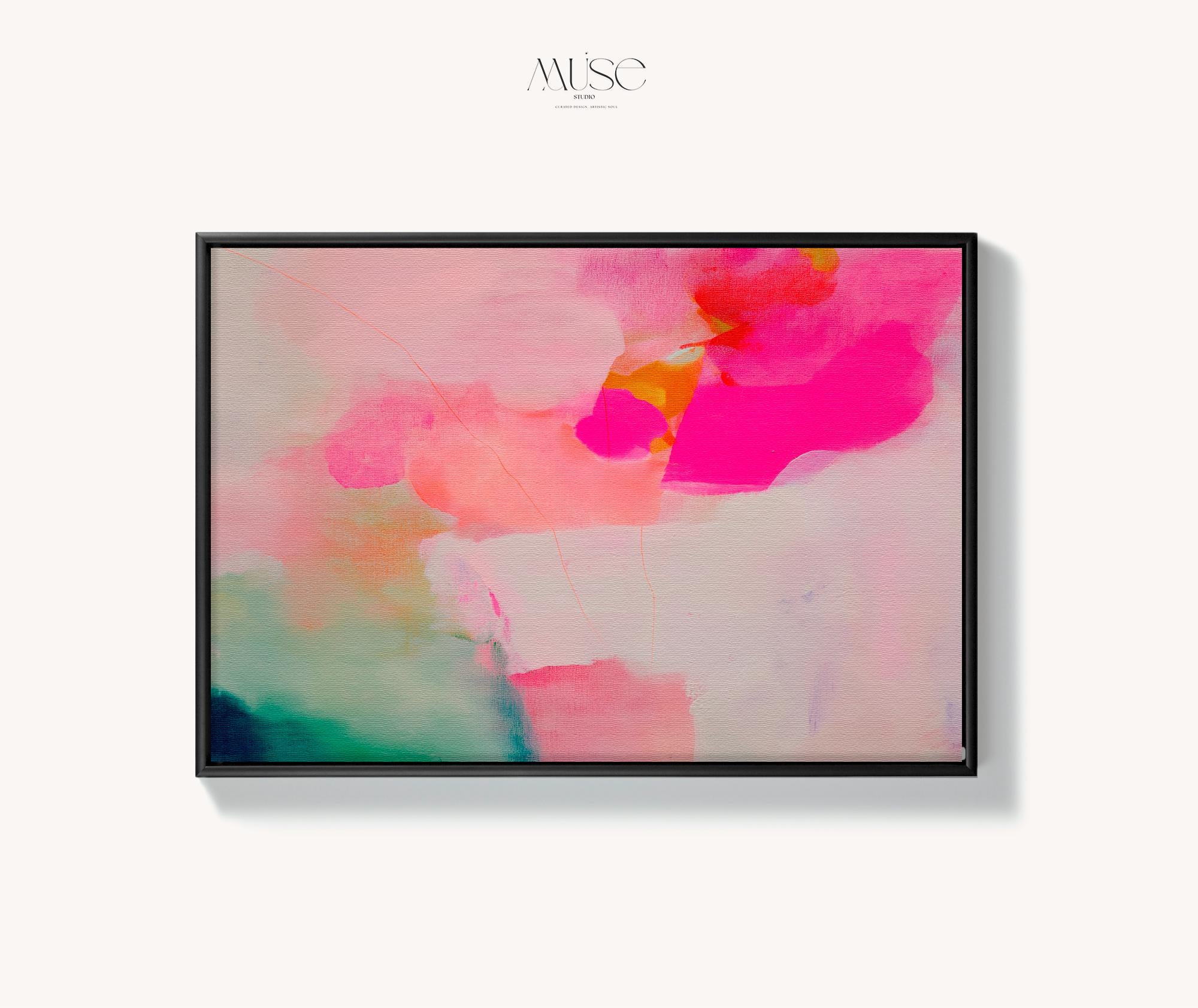 Bloom Aura No. 434 by Muse Studio & Co. pink coral, blush, mint green, and soft peach abstract wall art printed with museum-grade giclée inks on premium gallery-wrapped artist canvas and custom framed in premium wood float frame options including natural, white, black, antique gold, and antique silver, styled as oversized statement art in a modern designer living room.
