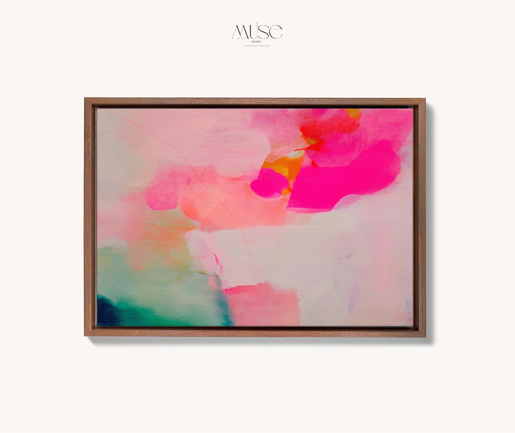 Bloom Aura No. 434 by Muse Studio & Co. pink coral, blush, mint green, and soft peach abstract wall art printed with museum-grade giclée inks on premium gallery-wrapped artist canvas and custom framed in premium wood float frame options including natural, white, black, antique gold, and antique silver, styled as oversized statement art in a modern designer living room.