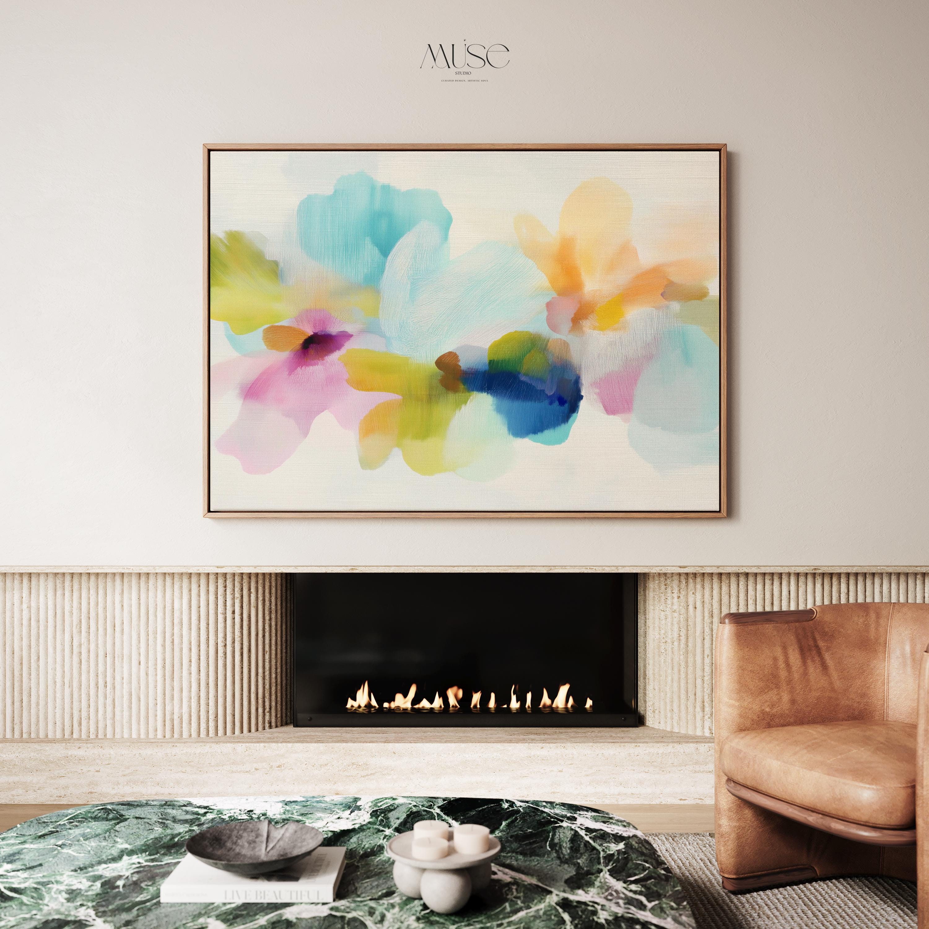 Muse Studio framed canvas wall art in pastel aqua, blush pink, peach, yellow, green, and cobalt blue floral abstract style, printed with museum-grade giclée inks on premium artist-grade canvas, available as a horizontal framed canvas, styled in a serene bedroom, living room, or soft contemporary office.