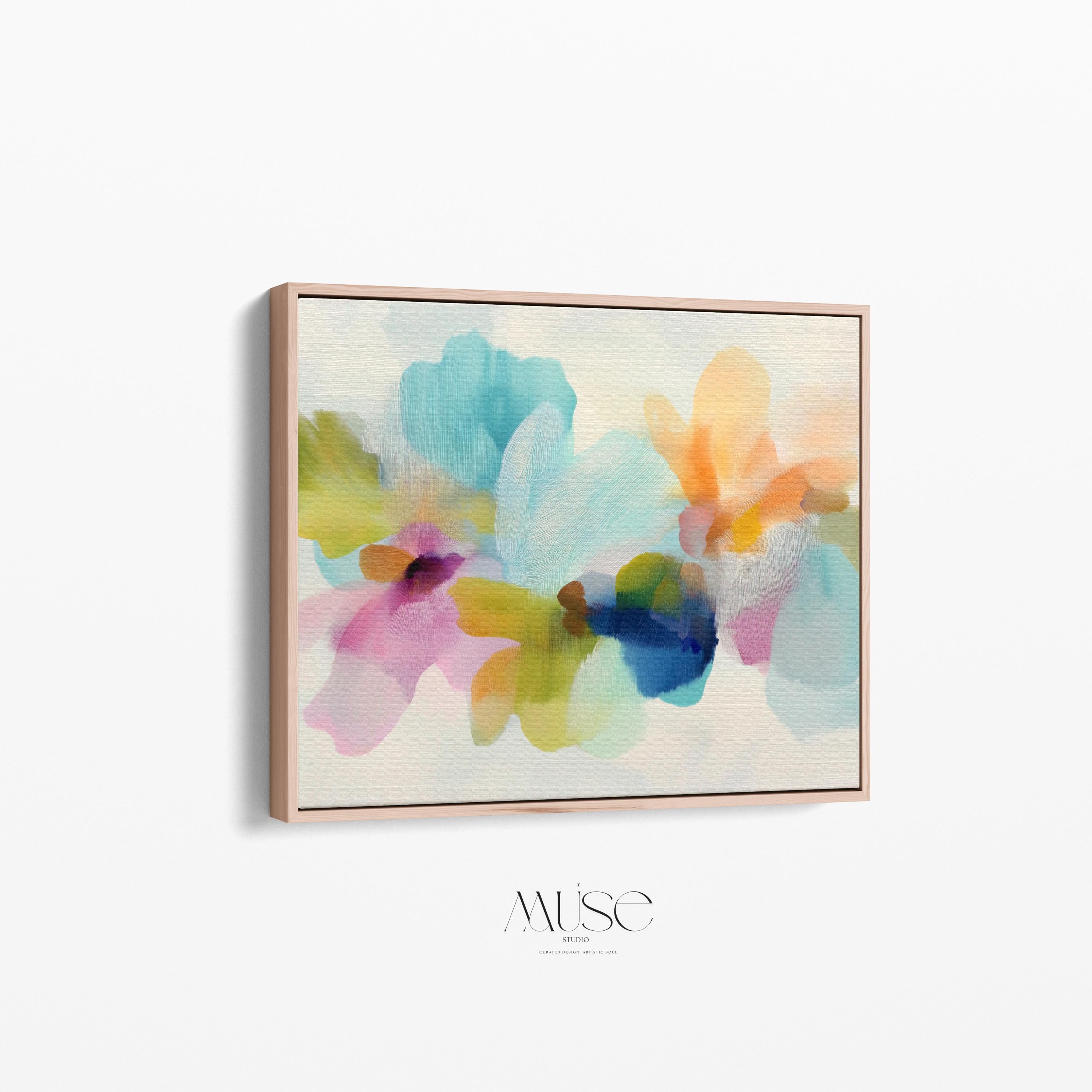Muse Studio framed canvas wall art in pastel aqua, blush pink, peach, yellow, green, and cobalt blue floral abstract style, printed with museum-grade giclée inks on premium artist-grade canvas, available as a horizontal framed canvas, styled in a serene bedroom, living room, or soft contemporary office.