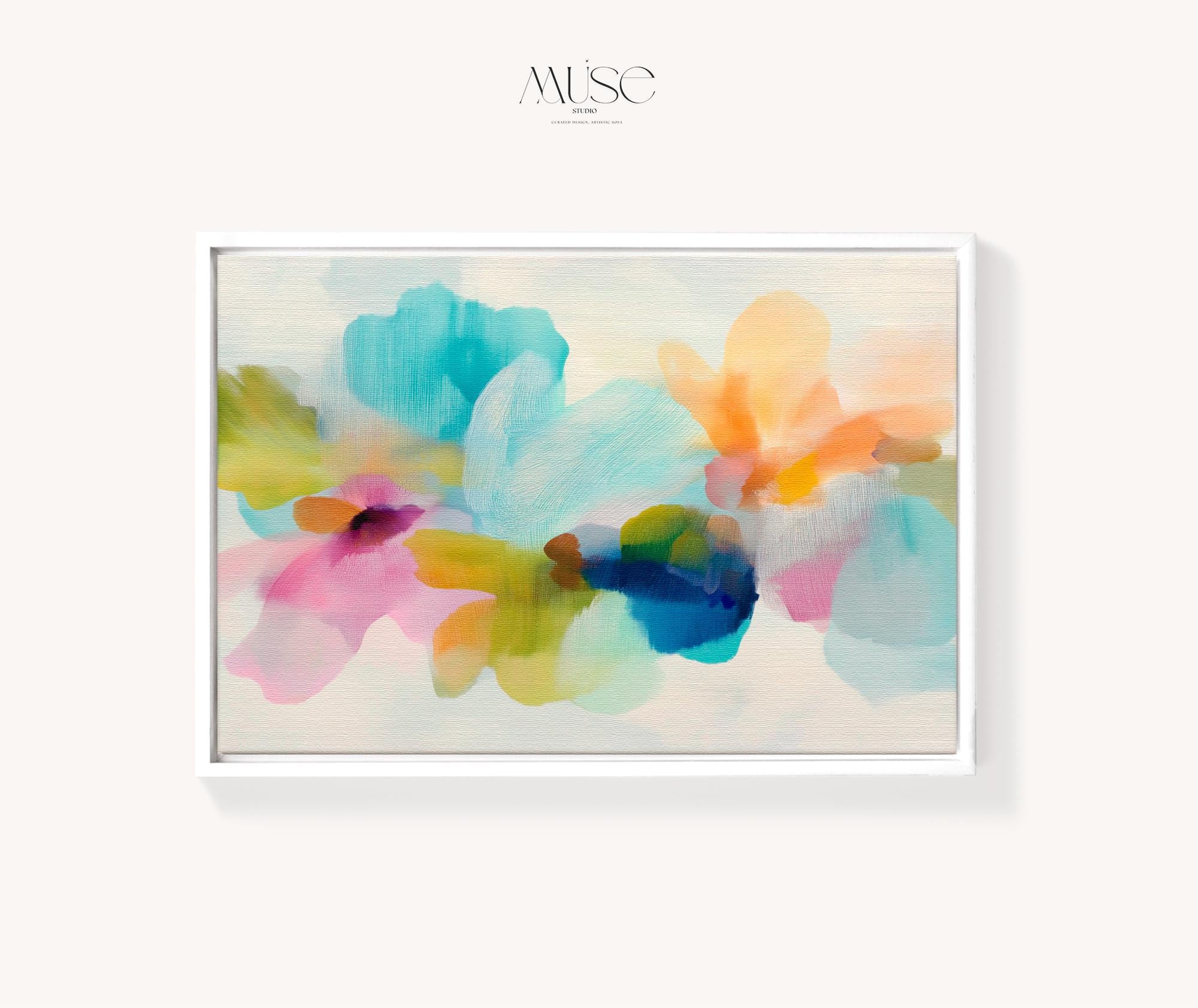 Muse Studio framed canvas wall art in pastel aqua, blush pink, peach, yellow, green, and cobalt blue floral abstract style, printed with museum-grade giclée inks on premium artist-grade canvas, available as a horizontal framed canvas, styled in a serene bedroom, living room, or soft contemporary office.