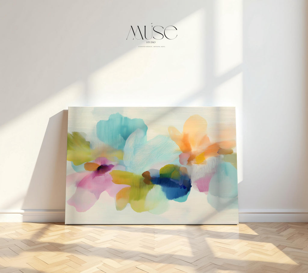 Muse Studio canvas wall art in pastel aqua, blush pink, peach, yellow, green, and cobalt blue floral abstract style, printed with museum-grade giclée inks on premium artist-grade canvas, available as horizontal stretched or rolled canvas, styled in a serene bedroom, living room, or soft contemporary office.