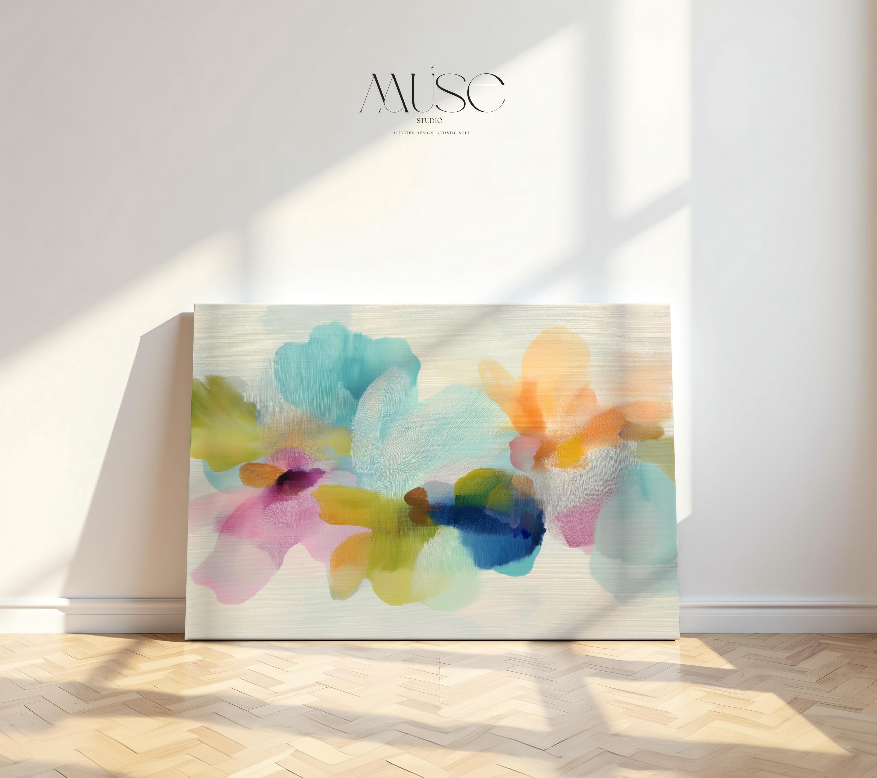 Muse Studio canvas wall art in pastel aqua, blush pink, peach, yellow, green, and cobalt blue floral abstract style, printed with museum-grade giclée inks on premium artist-grade canvas, available as horizontal stretched or rolled canvas, styled in a serene bedroom, living room, or soft contemporary office.