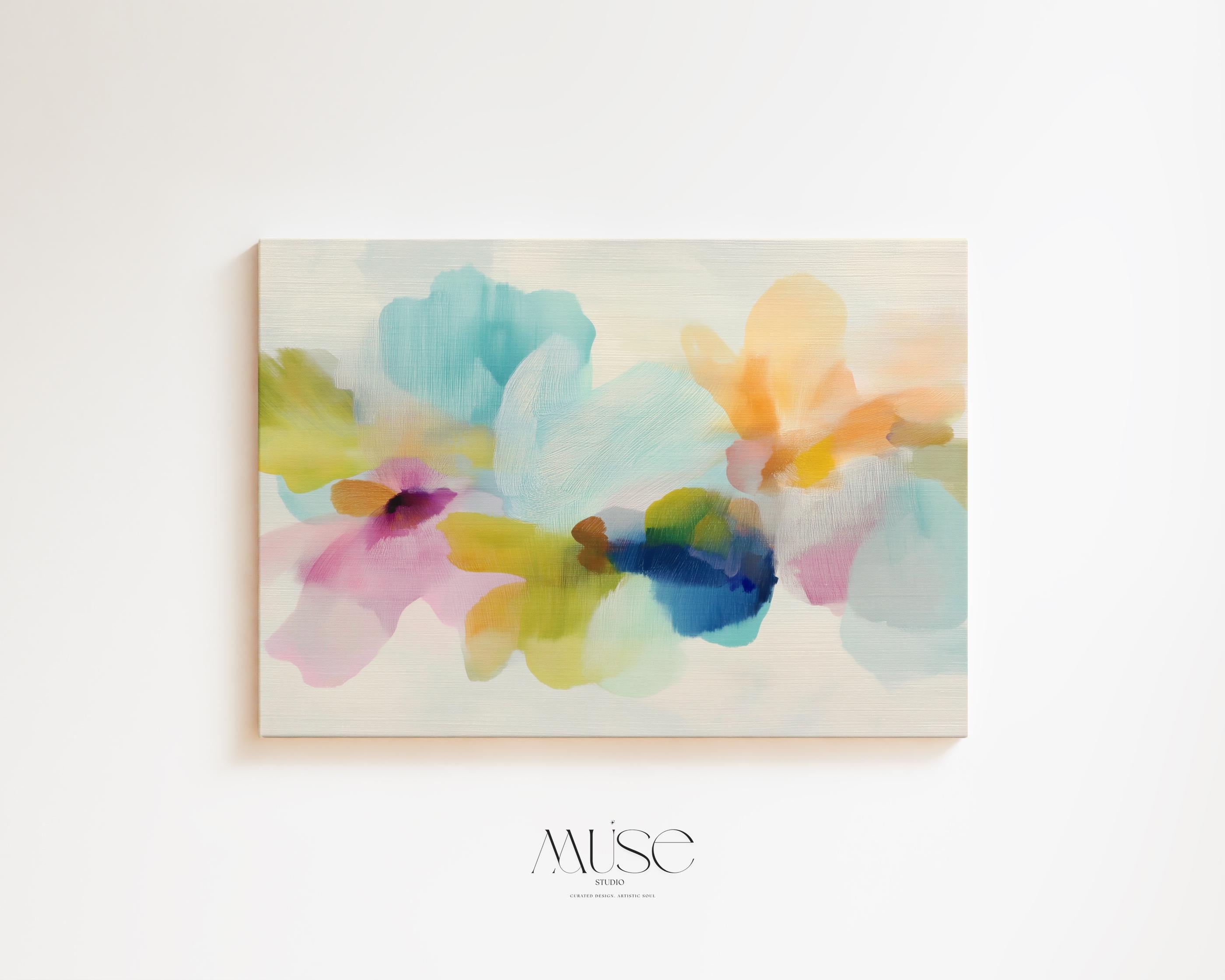 Muse Studio canvas wall art in pastel aqua, blush pink, peach, yellow, green, and cobalt blue floral abstract style, printed with museum-grade giclée inks on premium artist-grade canvas, available as horizontal stretched or rolled canvas, styled in a serene bedroom, living room, or soft contemporary office.