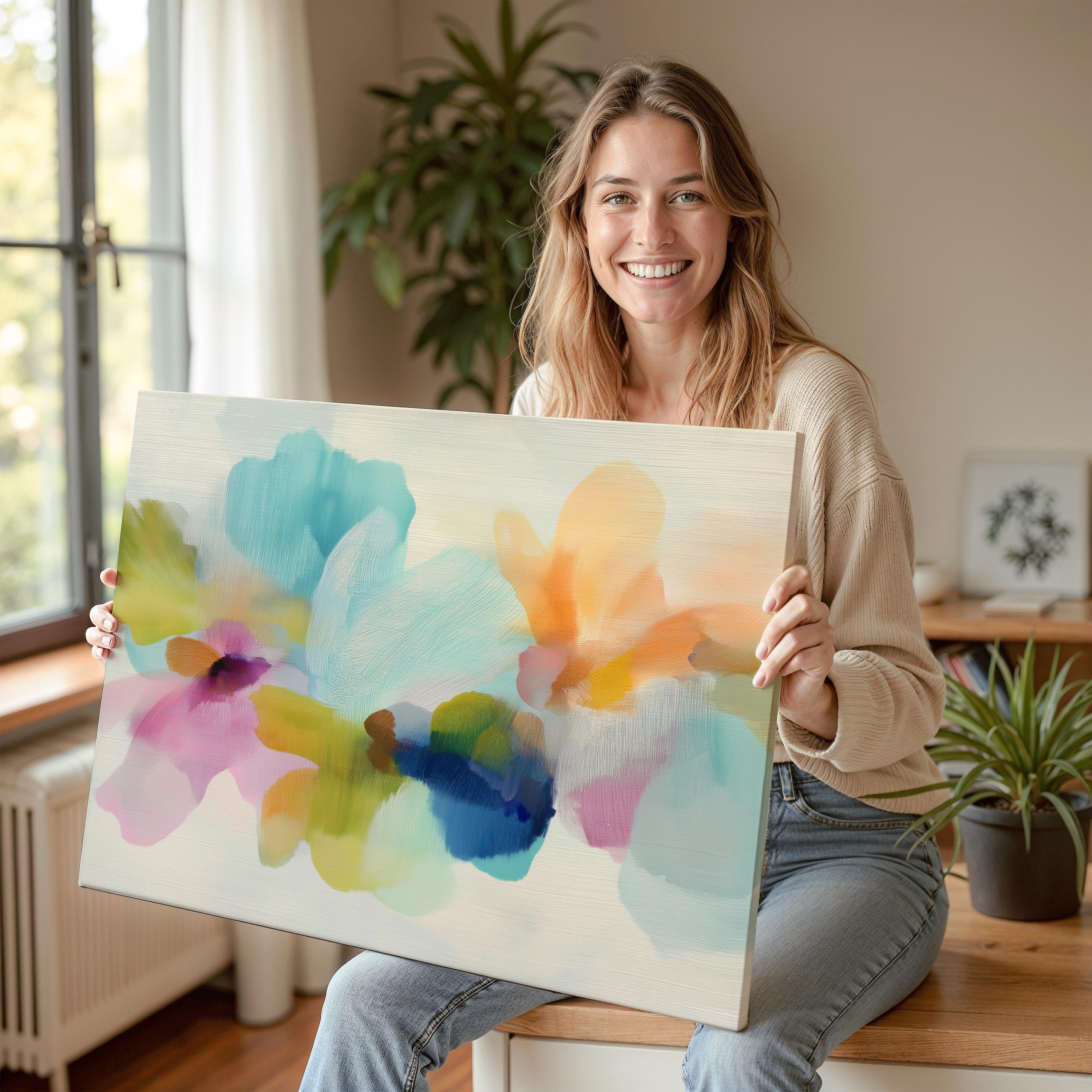 Muse Studio canvas wall art in pastel aqua, blush pink, peach, yellow, green, and cobalt blue floral abstract style, printed with museum-grade giclée inks on premium artist-grade canvas, available as horizontal stretched or rolled canvas, styled in a serene bedroom, living room, or soft contemporary office.