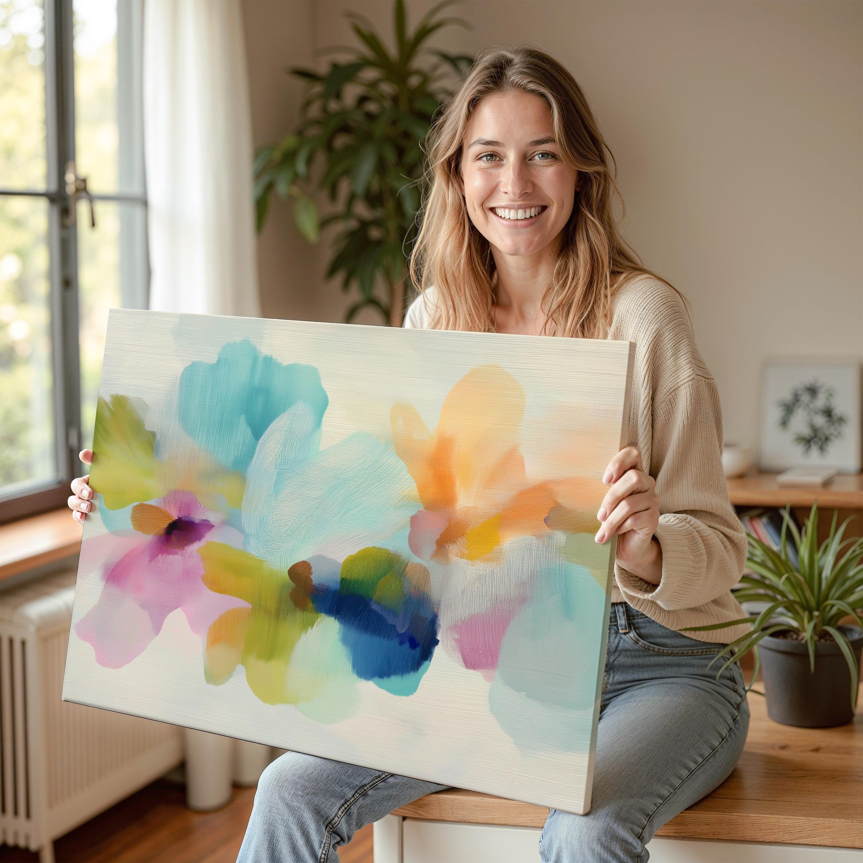 Muse Studio canvas wall art in pastel aqua, blush pink, peach, yellow, green, and cobalt blue floral abstract style, printed with museum-grade giclée inks on premium artist-grade canvas, available as horizontal stretched or rolled canvas, styled in a serene bedroom, living room, or soft contemporary office.