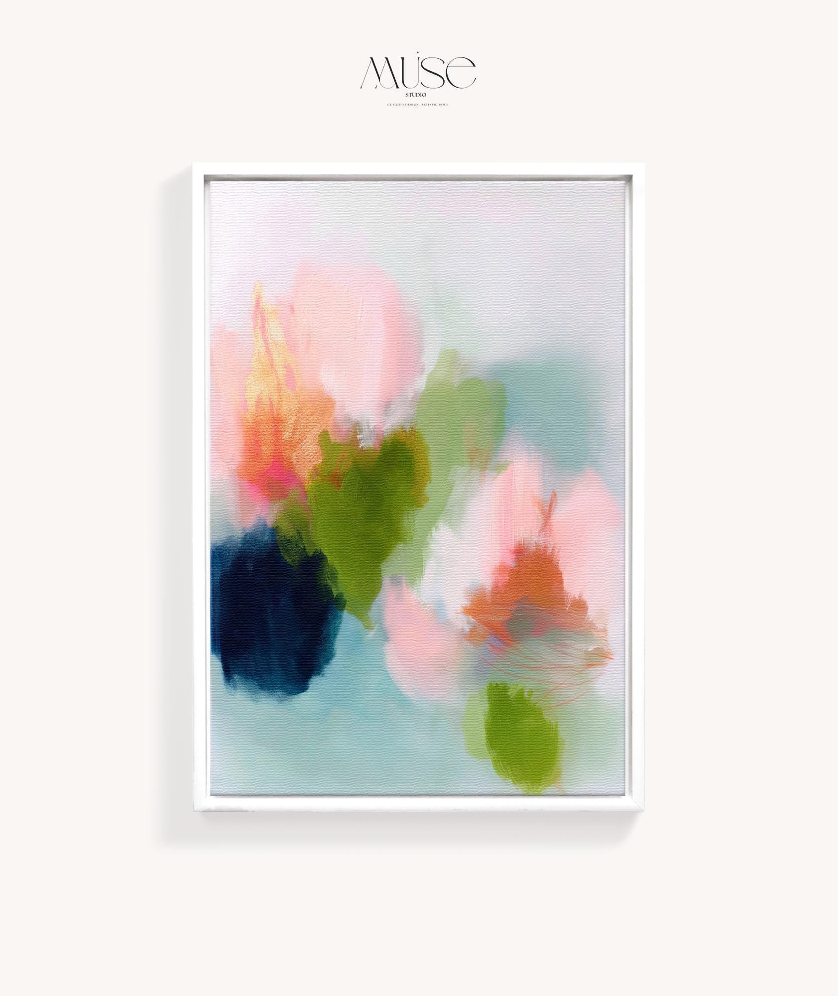 Muse Studio framed wall art in blush pink, olive green, soft aqua, and peach floral abstract tones, printed with museum-grade giclée inks on premium artist canvas and available in custom natural, white, black, antique gold, or antique silver float frames, styled as vertical statement artwork for a bedroom, office, or living room.