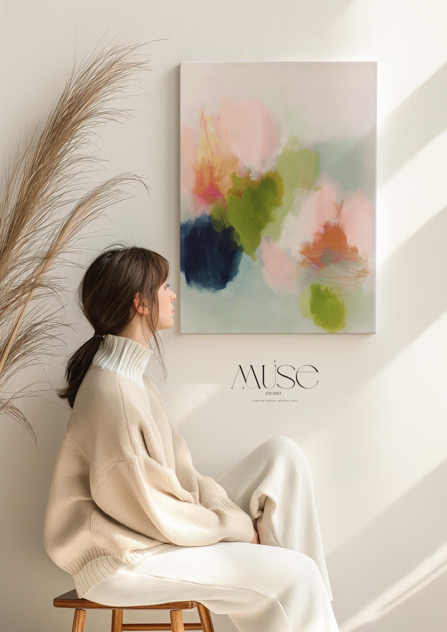 Muse Studio canvas wall art in blush pink, olive green, soft aqua, peach, and deep navy floral abstract tones, printed with museum-grade giclée inks on premium artist-grade canvas, available as stretched or rolled vertical artwork for bedroom, office, or living room styling.