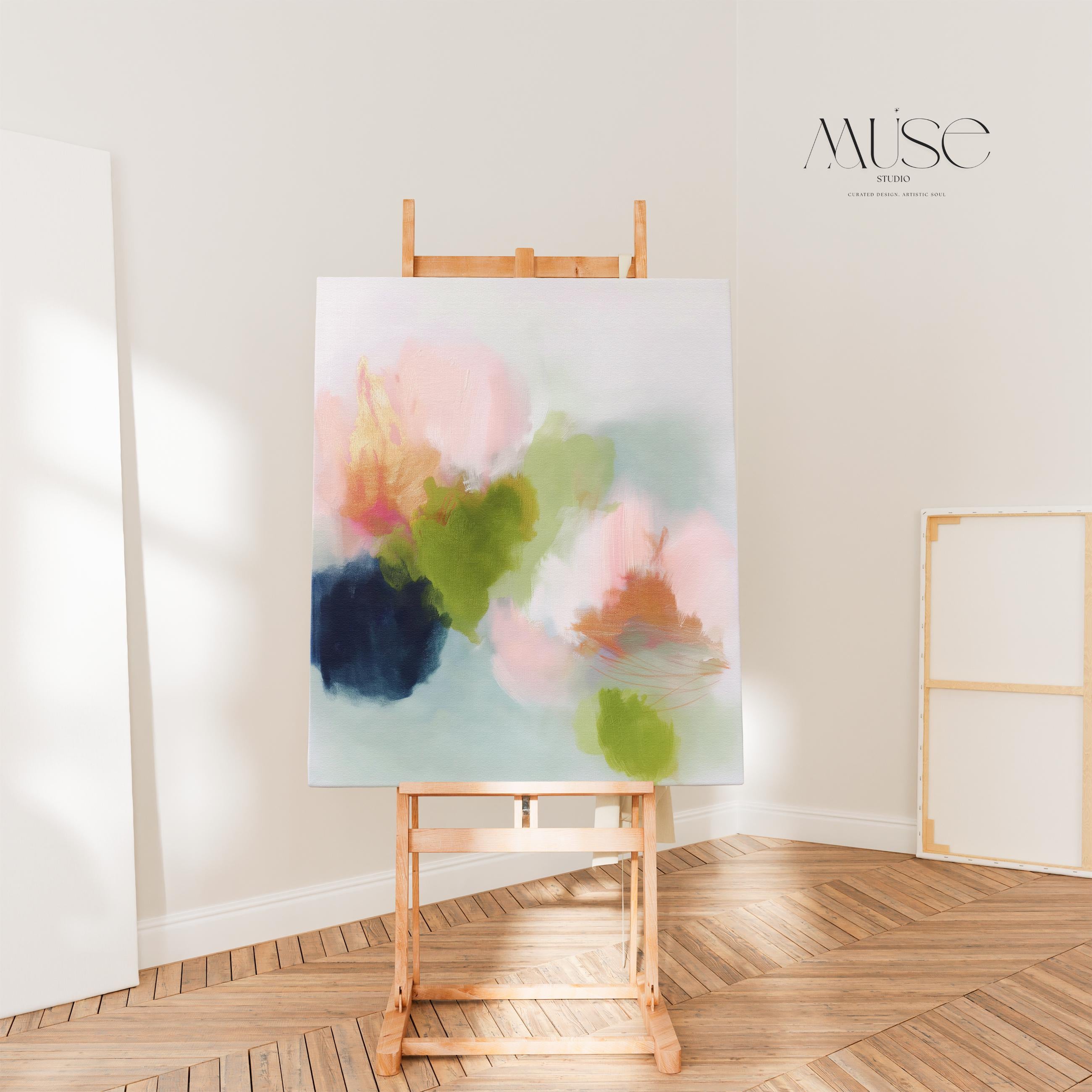 Muse Studio canvas wall art in blush pink, olive green, soft aqua, peach, and deep navy floral abstract tones, printed with museum-grade giclée inks on premium artist-grade canvas, available as stretched or rolled vertical artwork for bedroom, office, or living room styling.